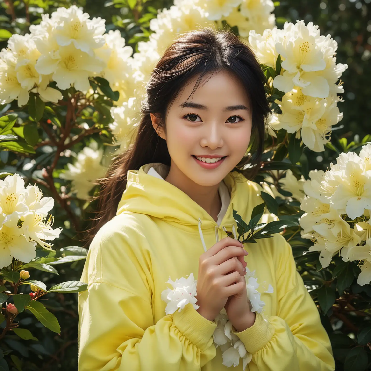 Graphic illustration, a beautiful and intelligent Chinese girl, holding a white cloud rhododendron, smiling, wearing light yellow clothing, natural light, neon color tone, minimalist, Nikon D850