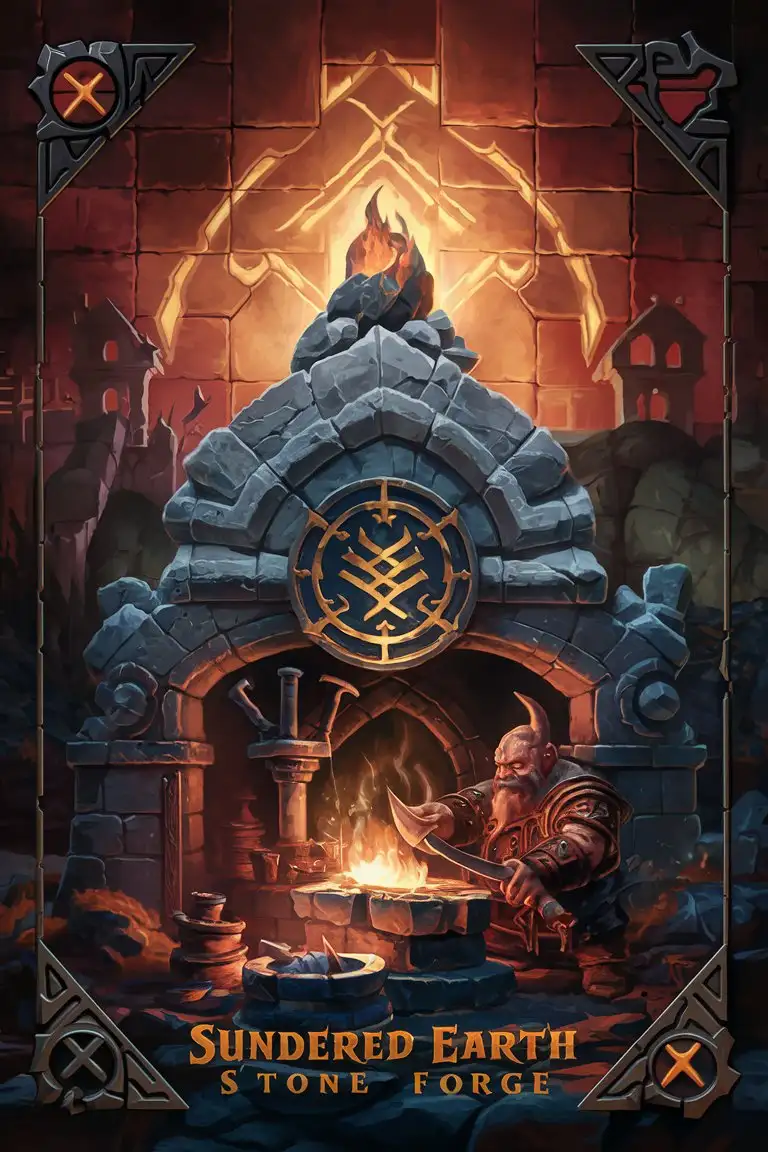 Dwarven sundered earth stone forge and hearth theme tcg card back with glowing rune crest