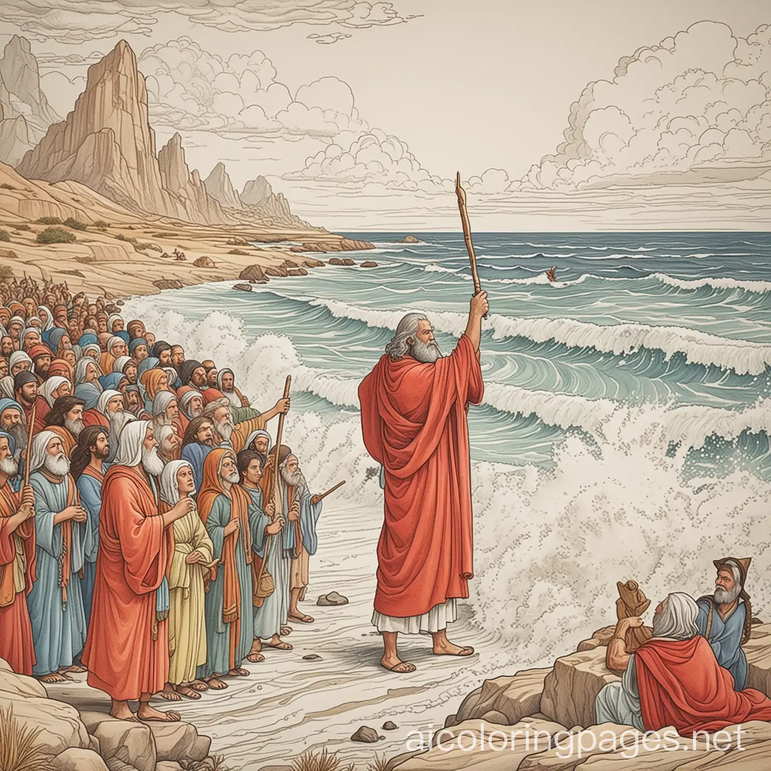 Title: Moses Parting the Red Sea Background: Start with a wide, horizontally oriented page. The background should depict a large body of water (the Red Sea), with waves and possibly some small boats or people in the distance. Moses: Draw Moses prominently in the center of the page. He should be an older man with a long beard, wearing traditional ancient robes, and holding a staff or rod extended towards the sea. Miracle Scene: Between Moses and the sea, draw a visible line where the waters are parting. You can show the waters as they begin to split apart, creating two walls of water on either side of Moses. add the Israelites on the shore, watching in awe as the sea begins to part. They could be men, women, and children, each with expressions of wonder and amazement. Nature Elements: Include elements like birds flying overhead, fish swimming in the waters, and possibly clouds in the sky to give depth to the scene. Coloring Details: Leave ample space for coloring. Use bold, clear lines for the main figures and elements, ensuring that it's easy to color within the lines., Coloring Page, black and white, line art, white background, Simplicity, Ample White Space. The background of the coloring page is plain white to make it easy for young children to color within the lines. The outlines of all the subjects are easy to distinguish, making it simple for kids to color without too much difficulty