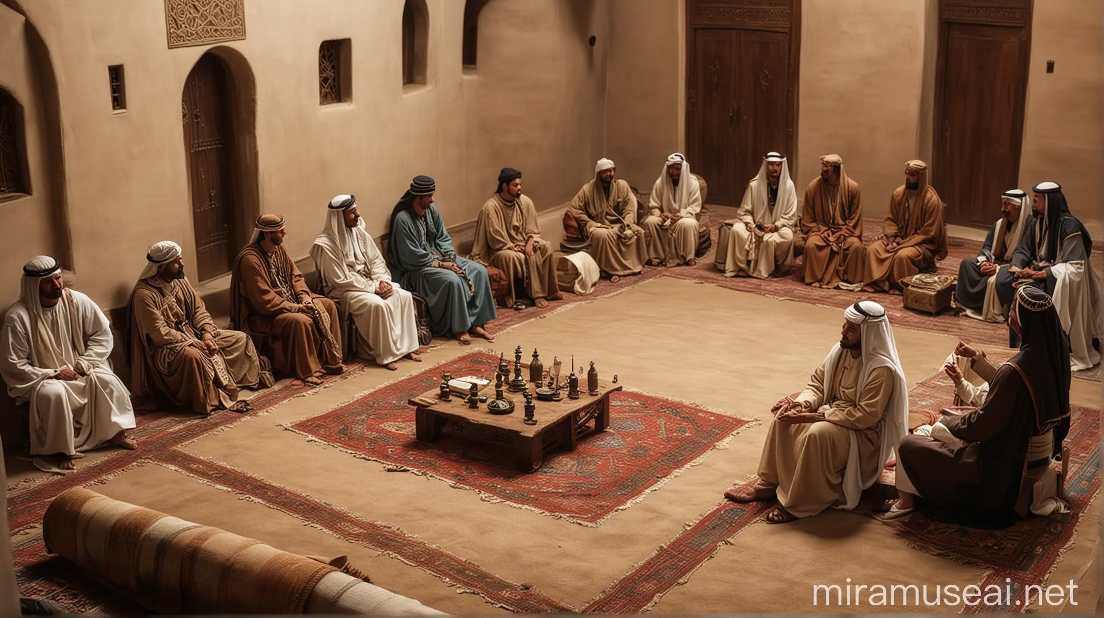 600AD Arabian meeting small group in room, in judging court