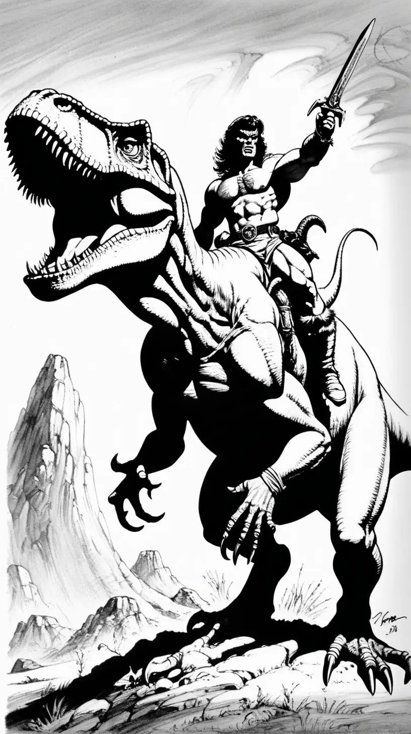  Frank Frazetta style male warrior riding a T. rex Pen and ink drawing back and white 