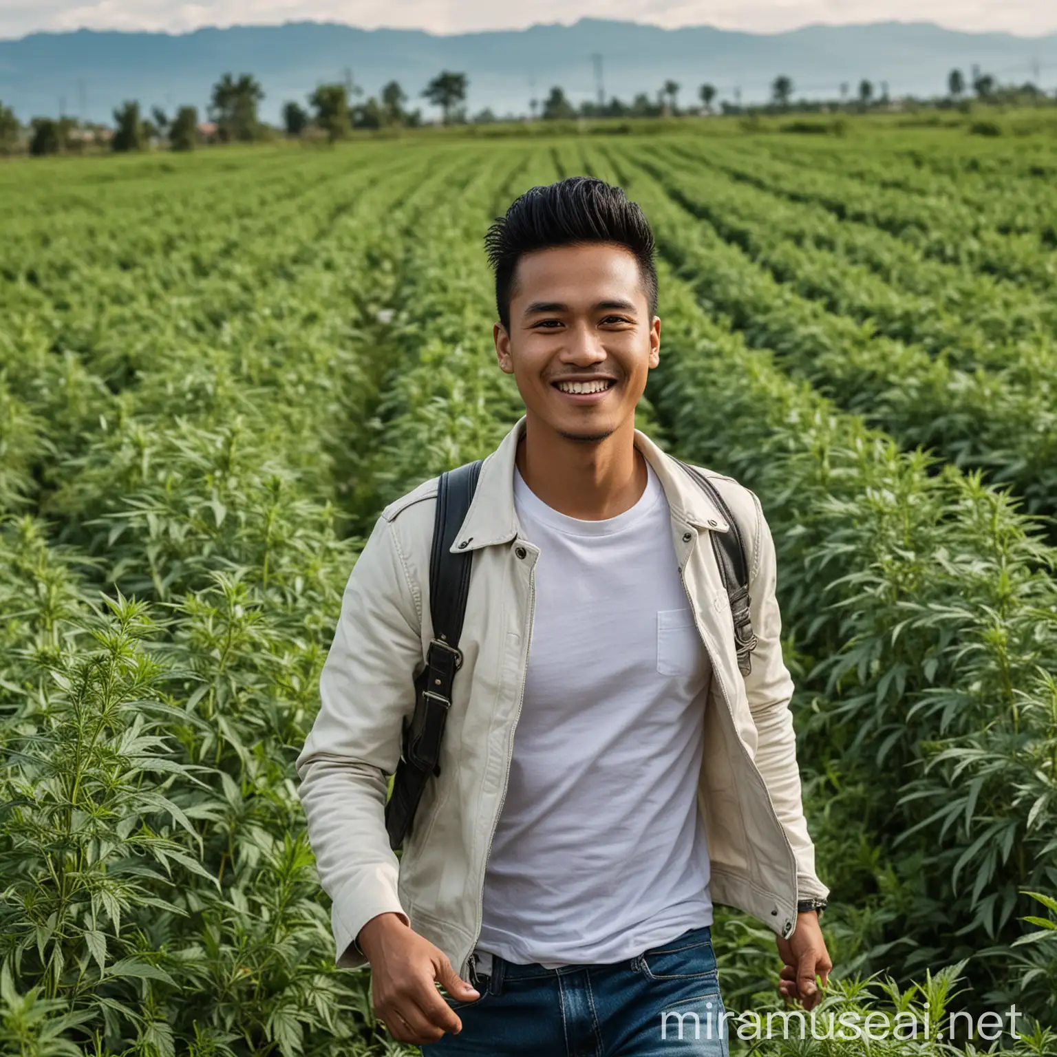 A 30-year-old Indonesian man, smiling with neatly combed hair wearing a white shirt paired with a leather jacket, blue jeans, sneakers, casually walking in a green marijuana field, under the bright blue sky