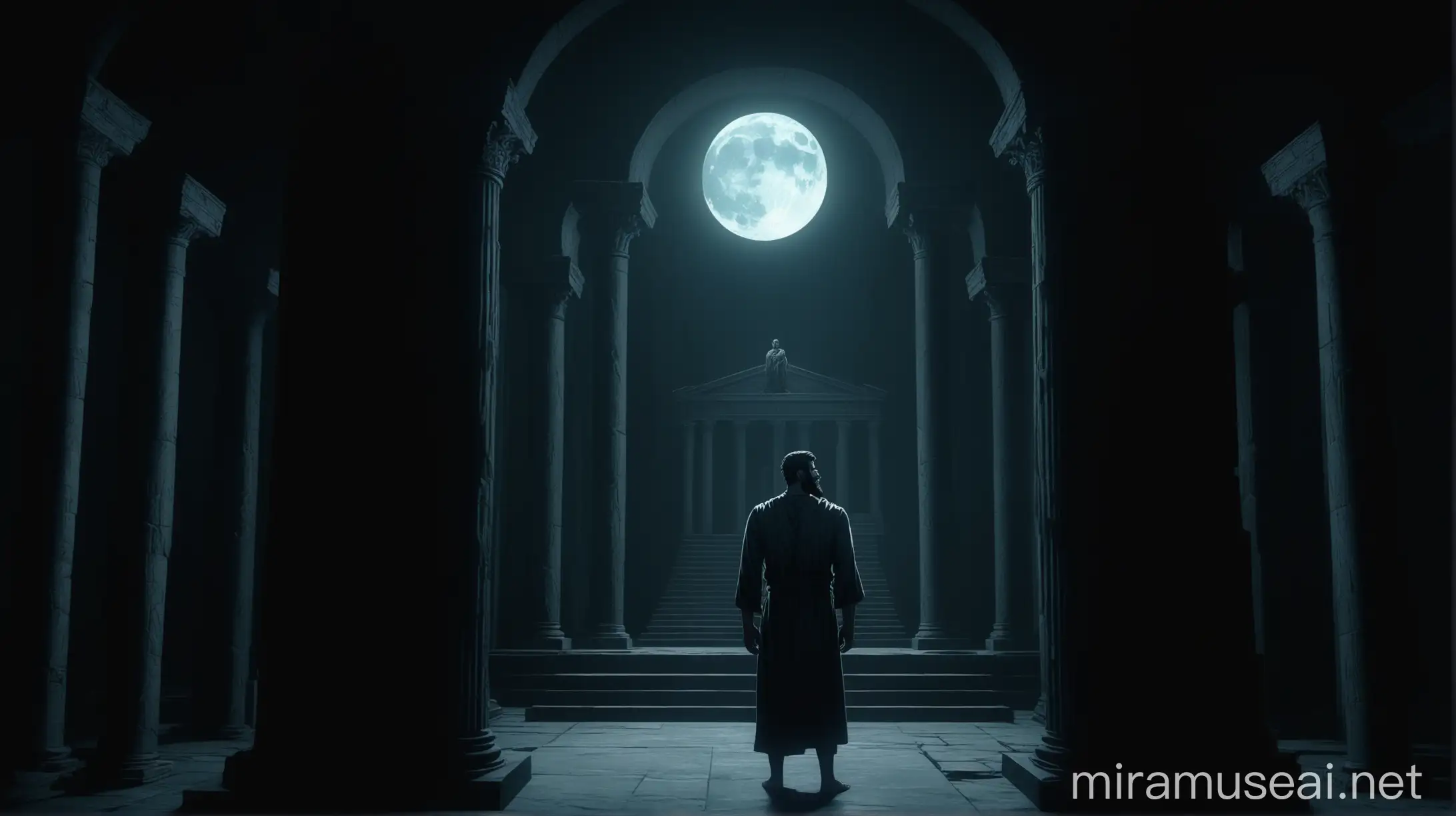 A close-up of a stoic, bearded man is rendered in a cinematic, smooth, and muscular anamorphic illustration. The composition, reminiscent of fascist aesthetics, employs a realistic anime art style with sculpted precision. The figure, shown from head to toe, stands against a backdrop of ancient stoic buildings. The moonlight filters through the ceiling, adding a mystical glow to the dark-mode image. The overall atmosphere is somber and dramatic, highlighting the character's resolute presence amidst a timeless setting.