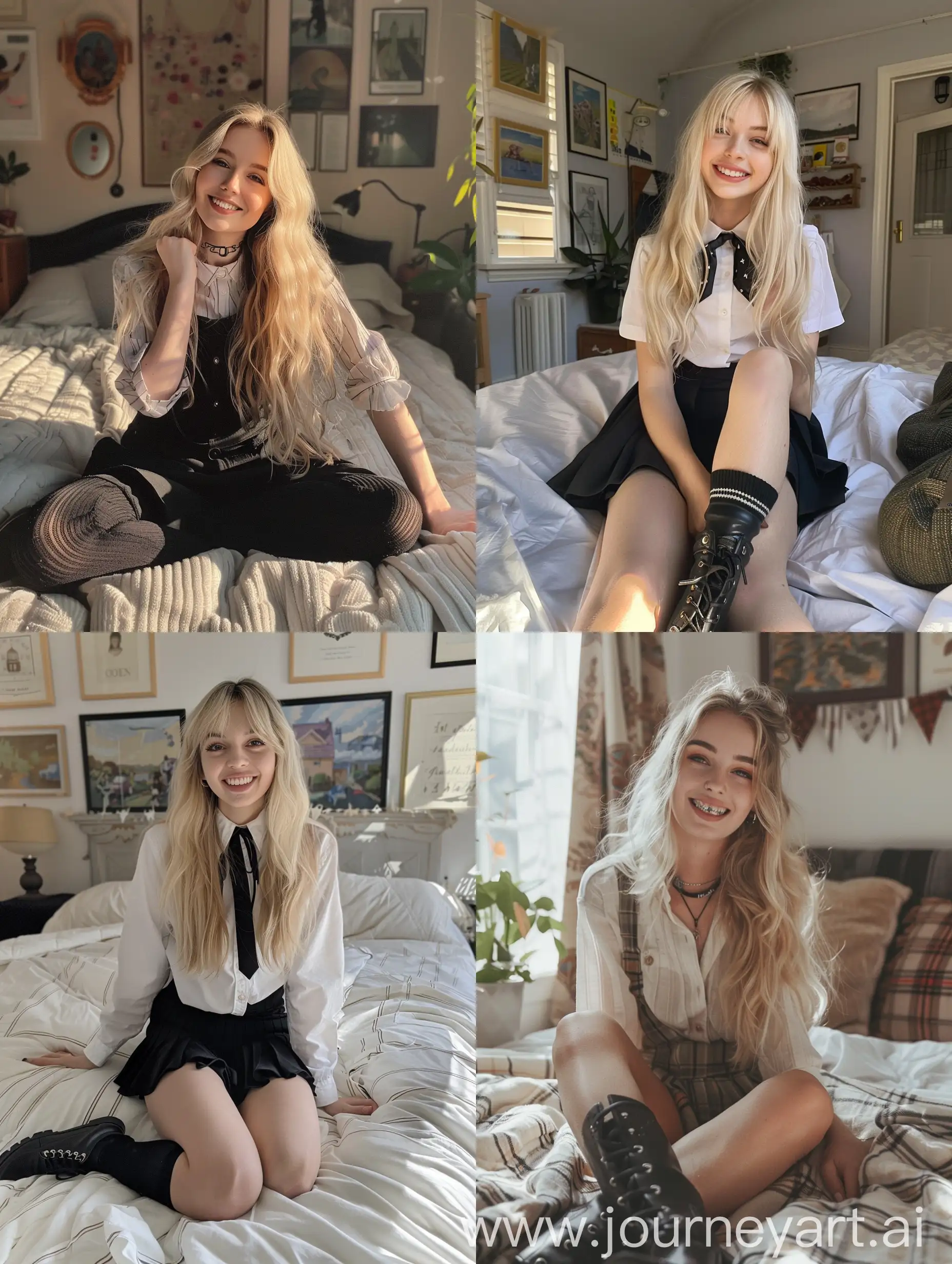 Young-Blonde-Influencer-Smiling-in-School-Uniform-on-Bed