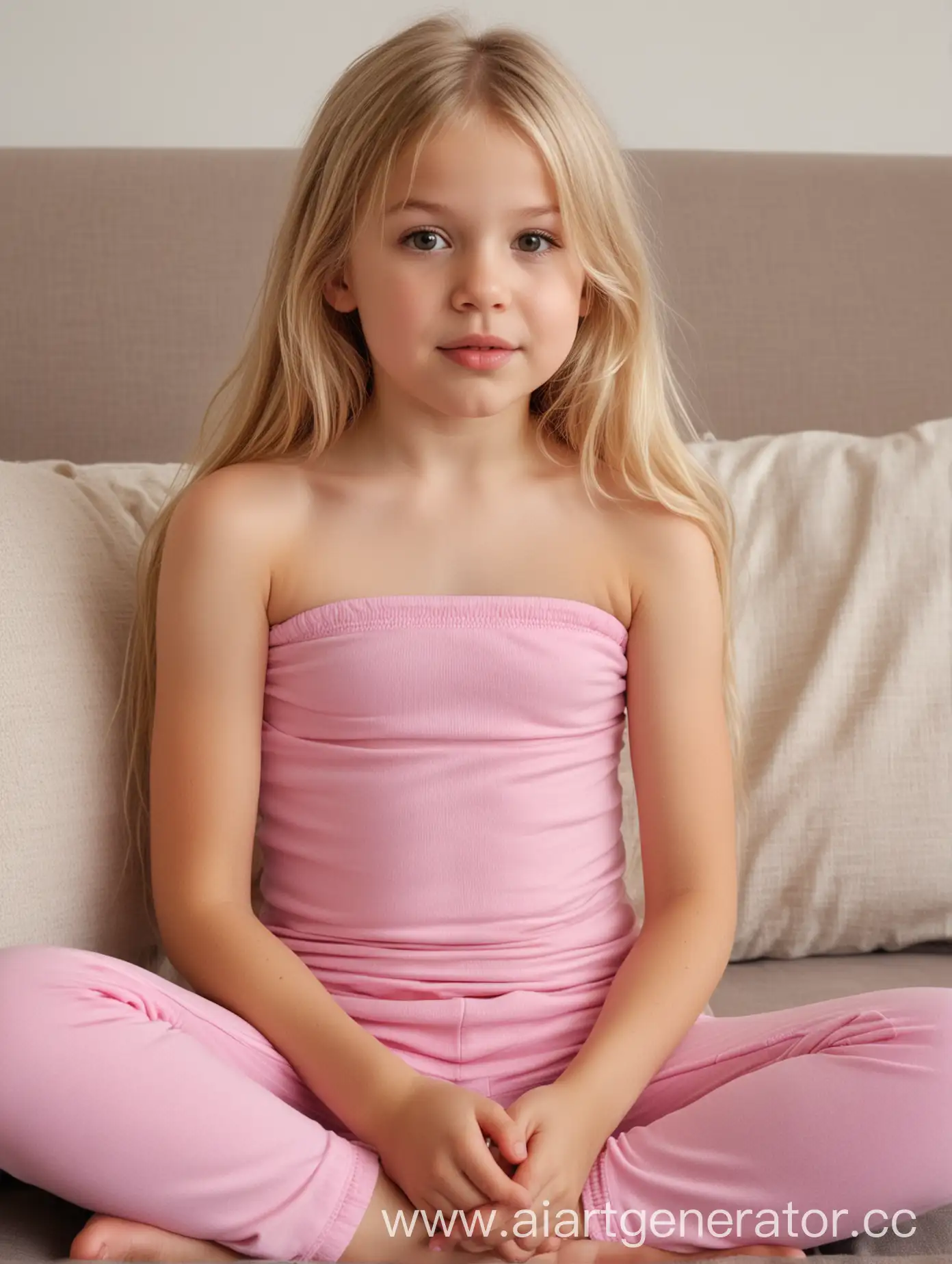 A most beautiful little girl in the world, 10 years old, wears a pink yoga pants, strapless loose tank top, sits on the sofa, masterpiece body, she is in pain, blonde hair, pink plump lips, sweden, pretty, beautiful, sweety, cute, 