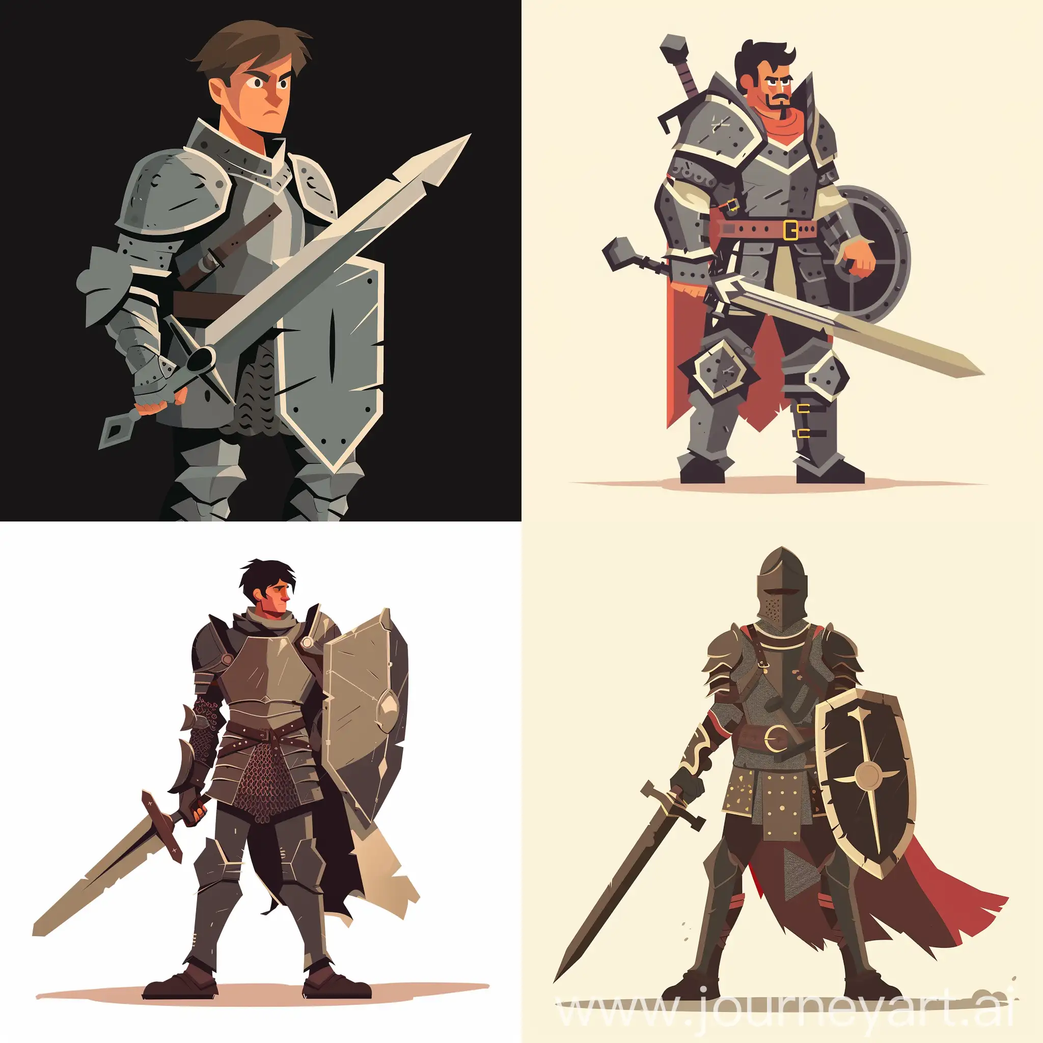 Young-Warrior-in-Iron-Armor-with-Sword-and-Shield-Flat-Vector-Illustration