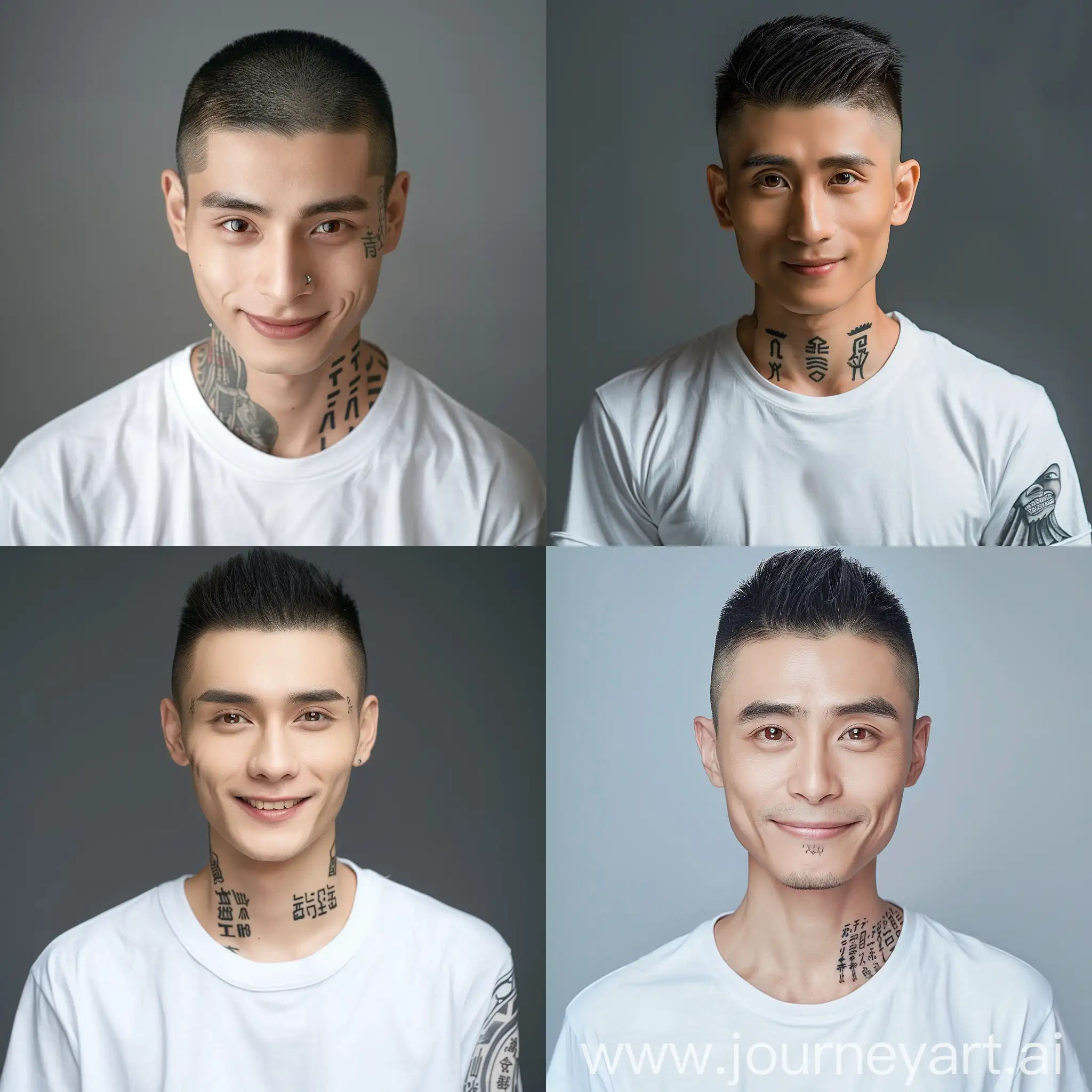 A skinny 24-year-old Chinese man in a white T-shirt, short sleek black and white hairstyle. brown eyes, narrow dark eyebrows, an evil smile on his face, tattoos on his pasterns in the form of hieroglyphs