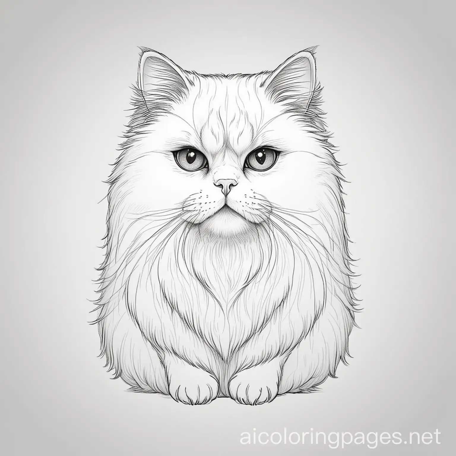 Persian cat linear design, Coloring Page, black and white, line art, white background, Simplicity, Ample White Space. The background of the coloring page is plain white to make it easy for young children to color within the lines. The outlines of all the subjects are easy to distinguish, making it simple for kids to color without too much difficulty