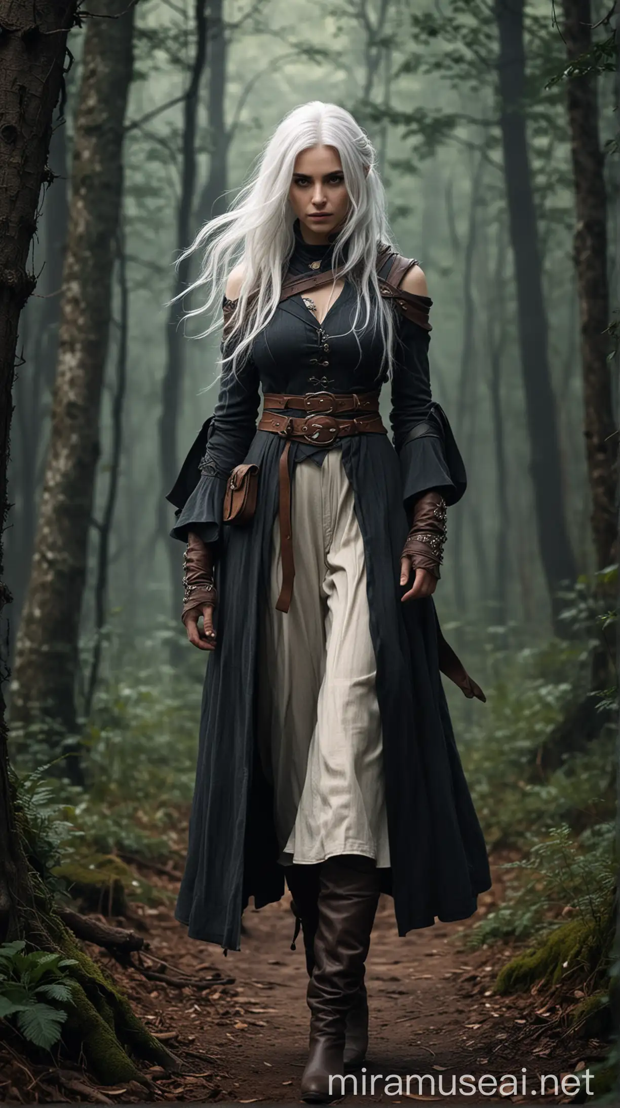 Fantasy Female Mage with White Hair in Earthy Travelling Clothes