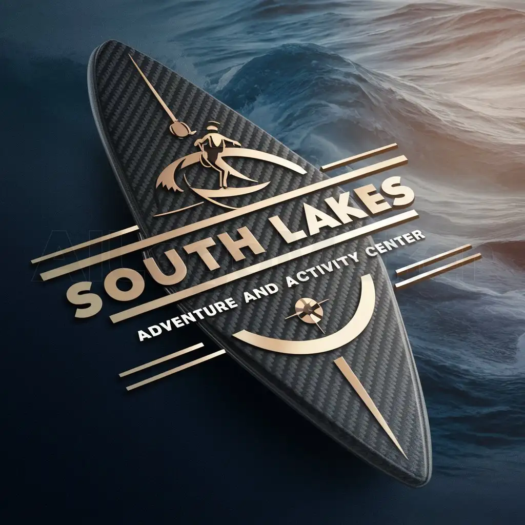 a logo design,with the text 'South Lakes Adventure and Activity Center', main symbol:I would like you to use a black carbon fiber surf board for the background with a gold outline effect for the text. The text needs to be styled the same and all in carbon fiber black. The business is built around water sports particularly kite surfing. It would also be good to have a standard British compass incorporated into the logo some how with the standard N, E, S, W symbols going clockwise. The text font needs to be modern and cool looking.