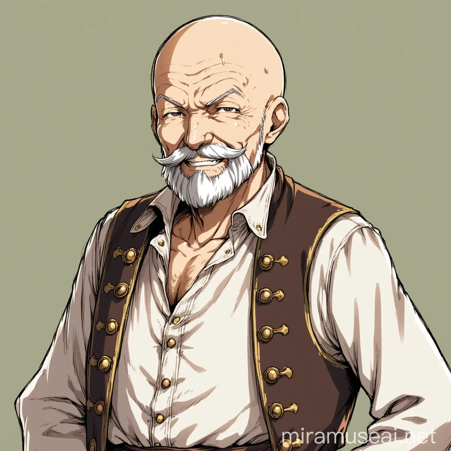 Elderly Pirate Man with Grey Moustaches and Beard in Anime Style