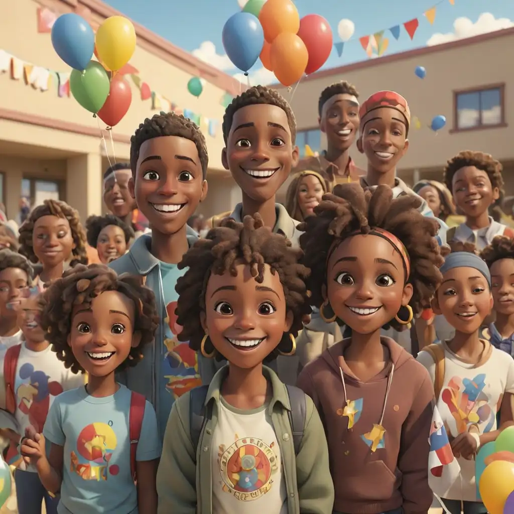 defined 3D cartoon-style African Americans at the community center with balloons and flags in New Mexico smiling 

