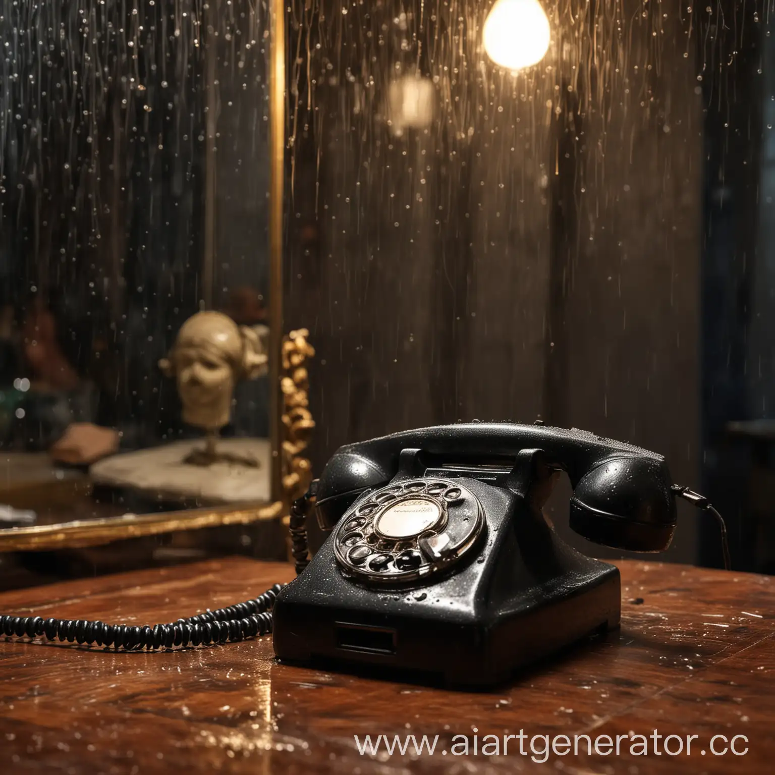 Старый проводной телефон  у которого на висит трубка, телефон лежит на столе. Еще на столе лежит зеркало с мужским отражением лица. На фоне ночь и дождь