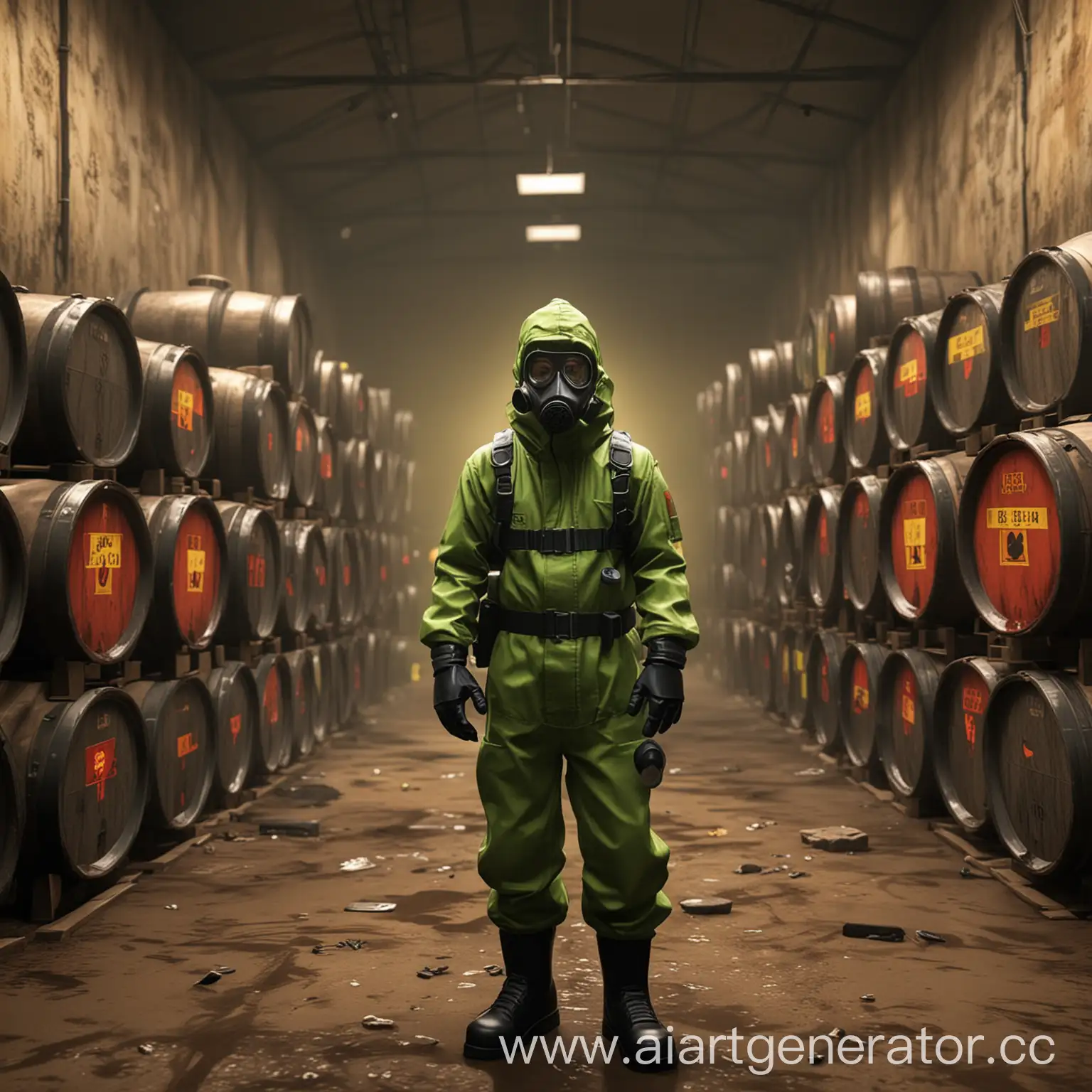 a man in chemical protection against the background of barrels of radiation in 
game Roblox