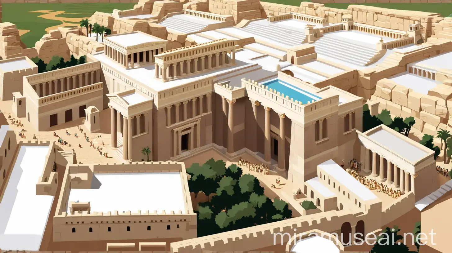 Mixed style of flat vector art, cartoon art, cinematic and travel poster recreation of the ancient city of Gath with recreation of a Philistine temple and ancient Philistinecity wall in original state and Philistine people.