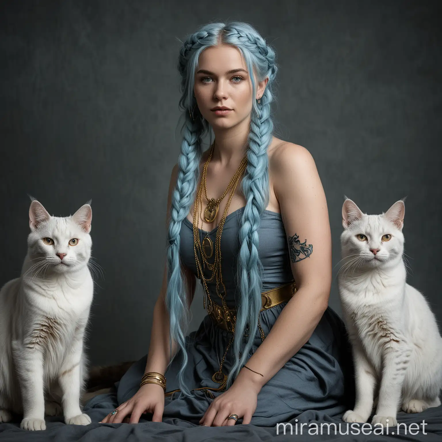 Goddess Freya with Norwegian Cats and Braided Blue Hair