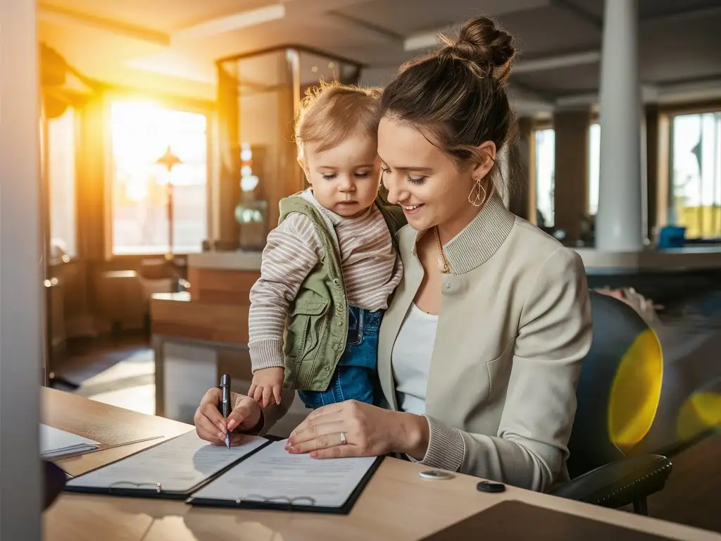 European mother with European a child in her arms signs documents in a bank, photo