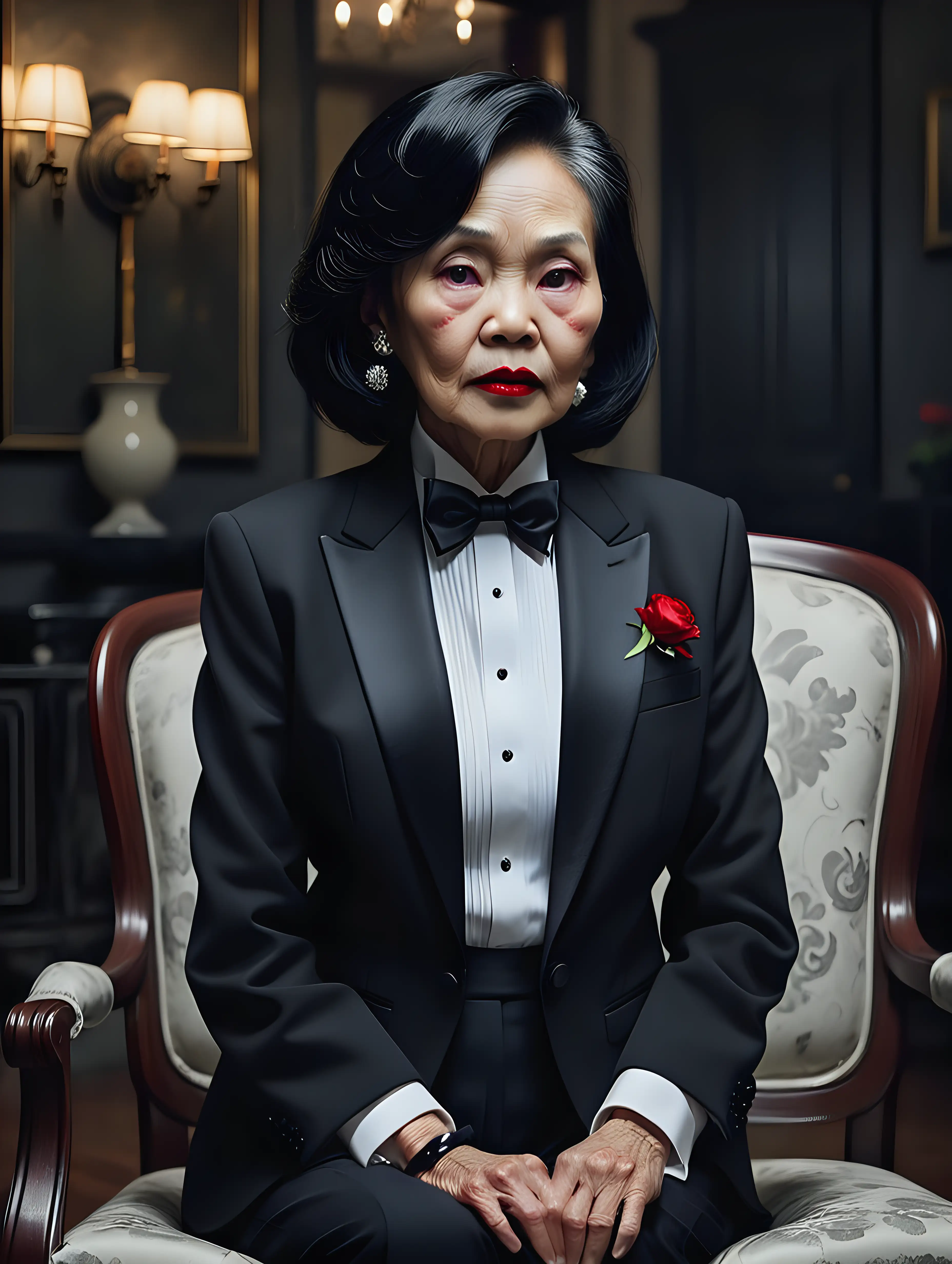 It is night. A stern 70 year old Vietnamese woman with medium length black hair and red lipstick is sitting in a dark room in a mansion. She is facing forward. She is wearing a tuxedo with a black jacket with a corsage and a white shirt and a black bowtie and black cufflinks and black pants. She is relaxed. Her jacket is open.