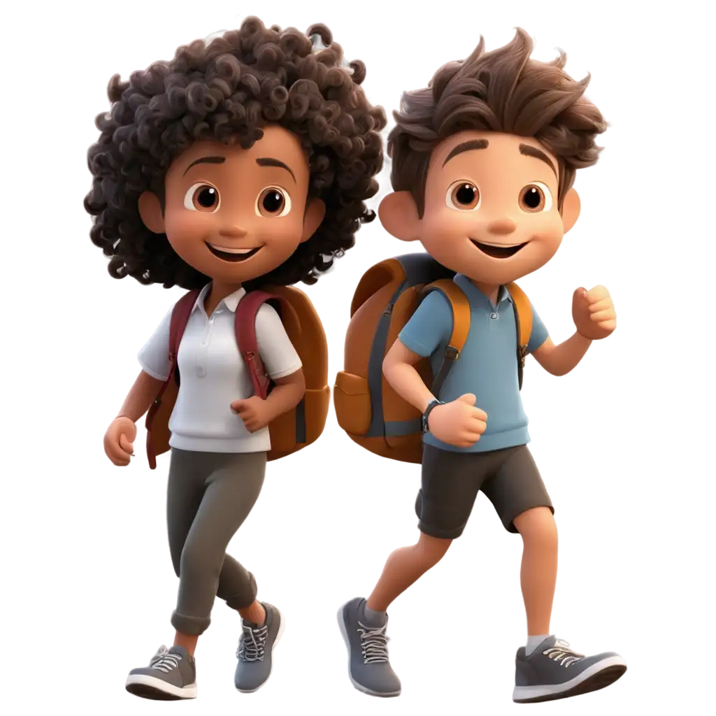Cartoon little happy boy and girl, friendly email both caring a backpack 