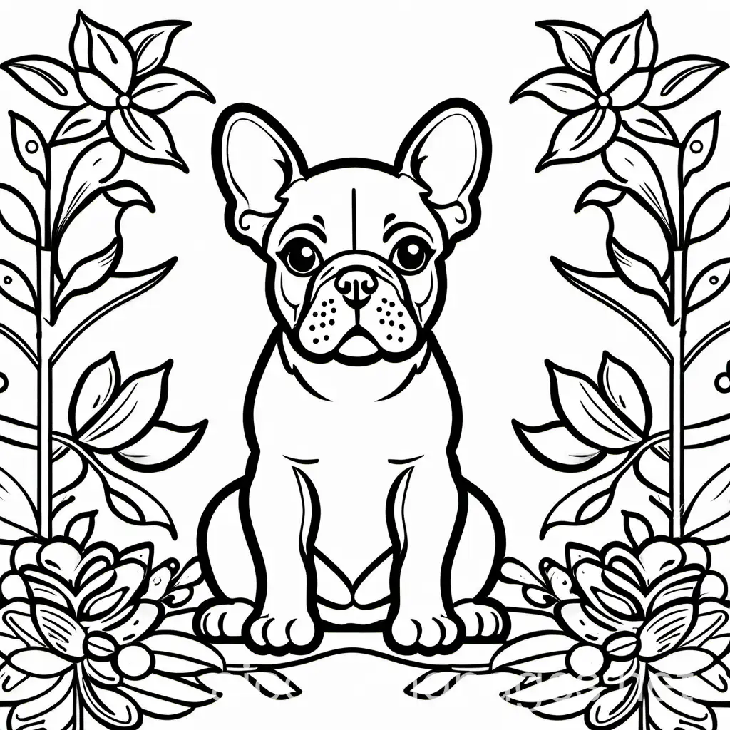 french bulldog, Coloring Page, black and white, line art, white background, Simplicity, Ample White Space. The background of the coloring page is plain white to make it easy for young children to color within the lines. The outlines of all the subjects are easy to distinguish, making it simple for kids to color without too much difficulty