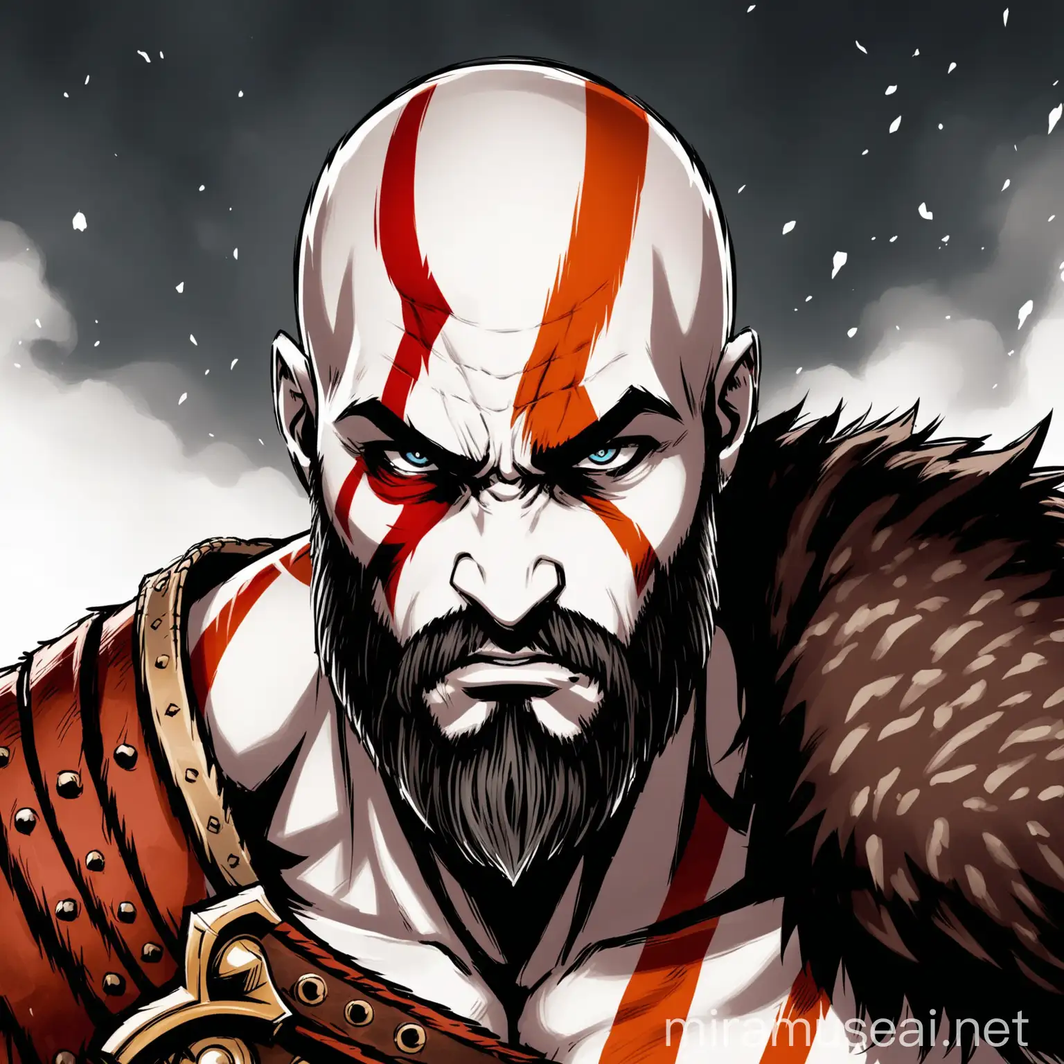 A frontal picture of Kratos from god of war ragnarok looking at the camera