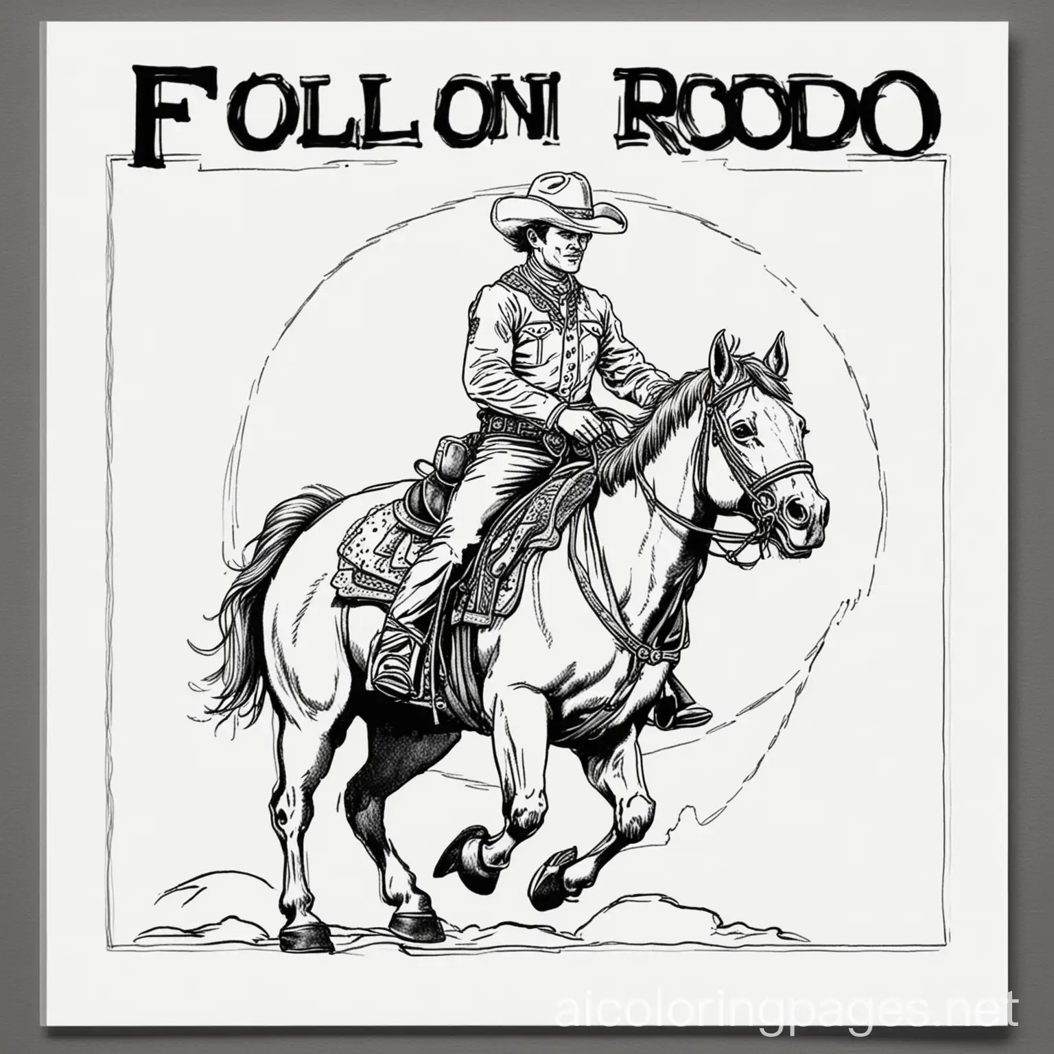 "FOLSOM   RODEO " in banner  coloring page, Coloring Page, black and white, line art, white background, Simplicity, Ample White Space. The background of the coloring page is plain white to make it easy for young children to color within the lines. The outlines of all the subjects are easy to distinguish, making it simple for kids to color without too much difficulty