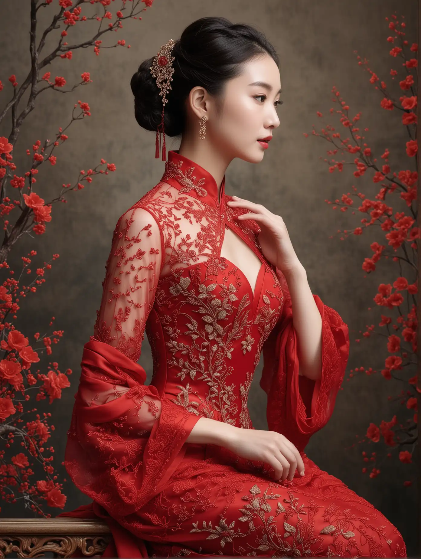 Elegant Red Dress with Intricate Lacework and Beading