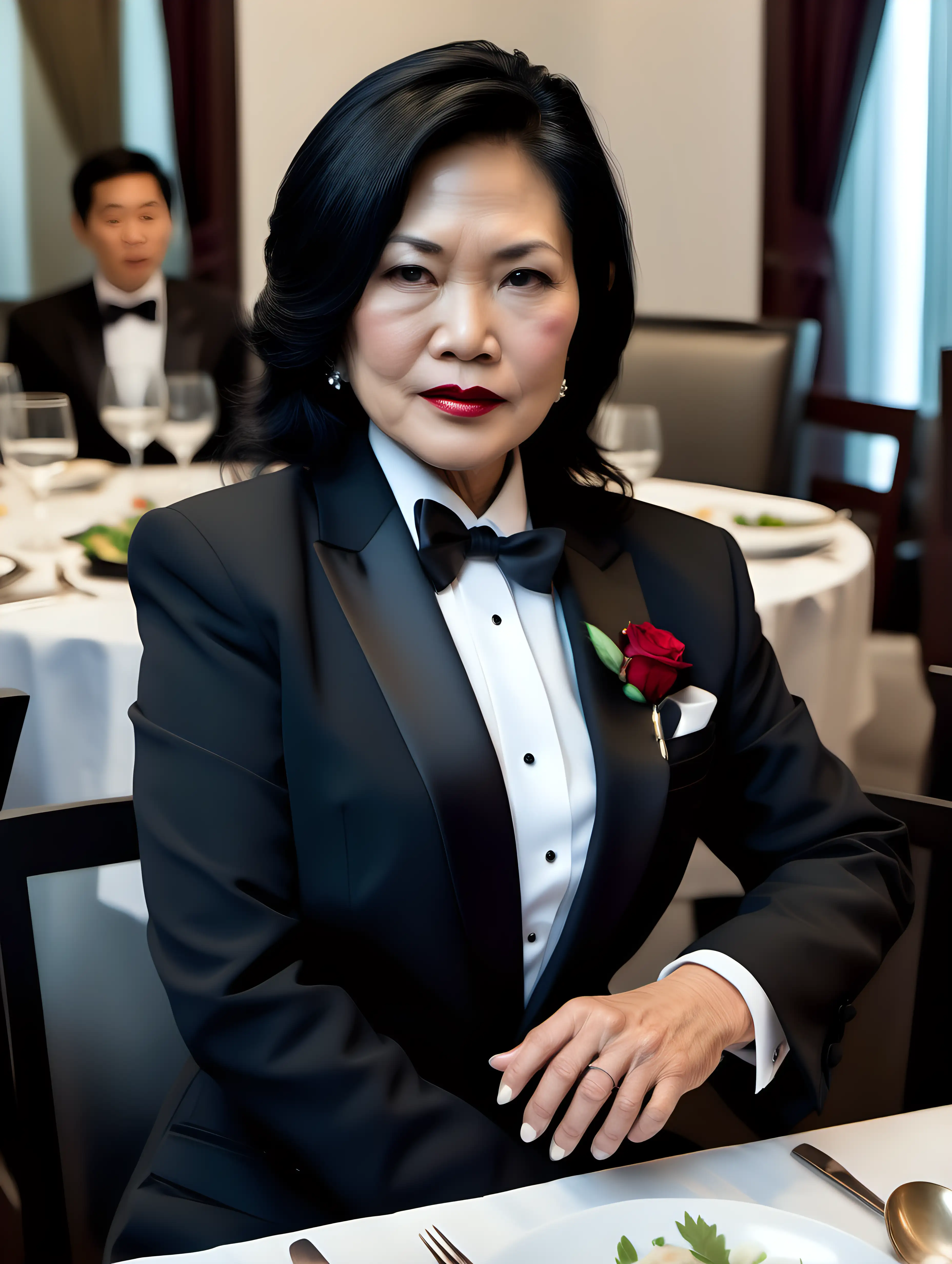 Sophisticated-Vietnamese-Businesswoman-in-Tuxedo-at-Dinner-Table