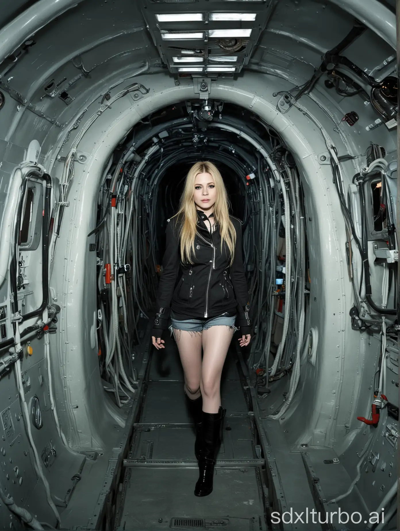 Avril Lavigne modeling with sexy clothes inside a submarine
