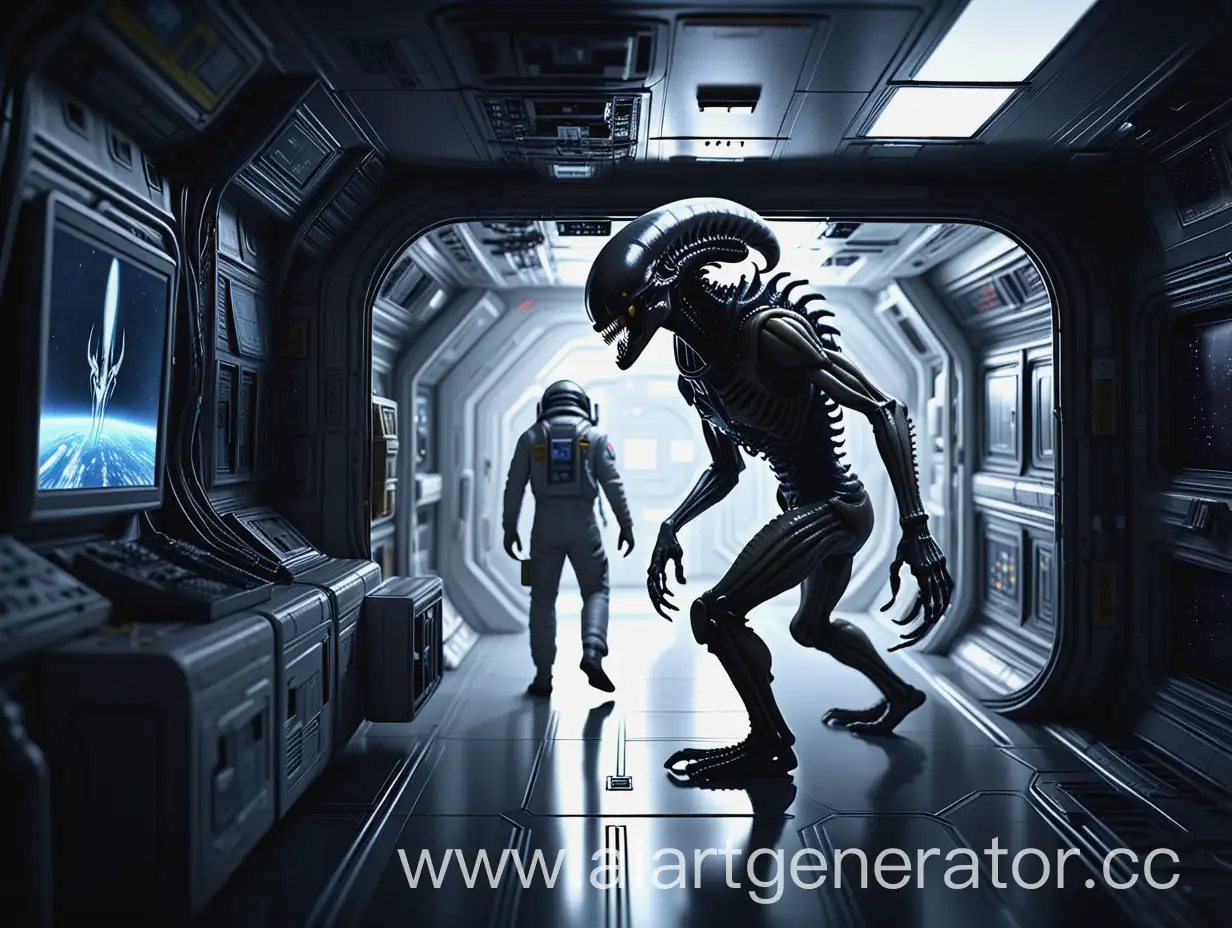 xenomorph alien Prowling in the space station searching the scared man who hiding,masterpiece,official art, extremely detailed CG unity 8k wallpaper,highly detailed,Depth of field,cyberpunk,Panorama,80s movie,rim light,
