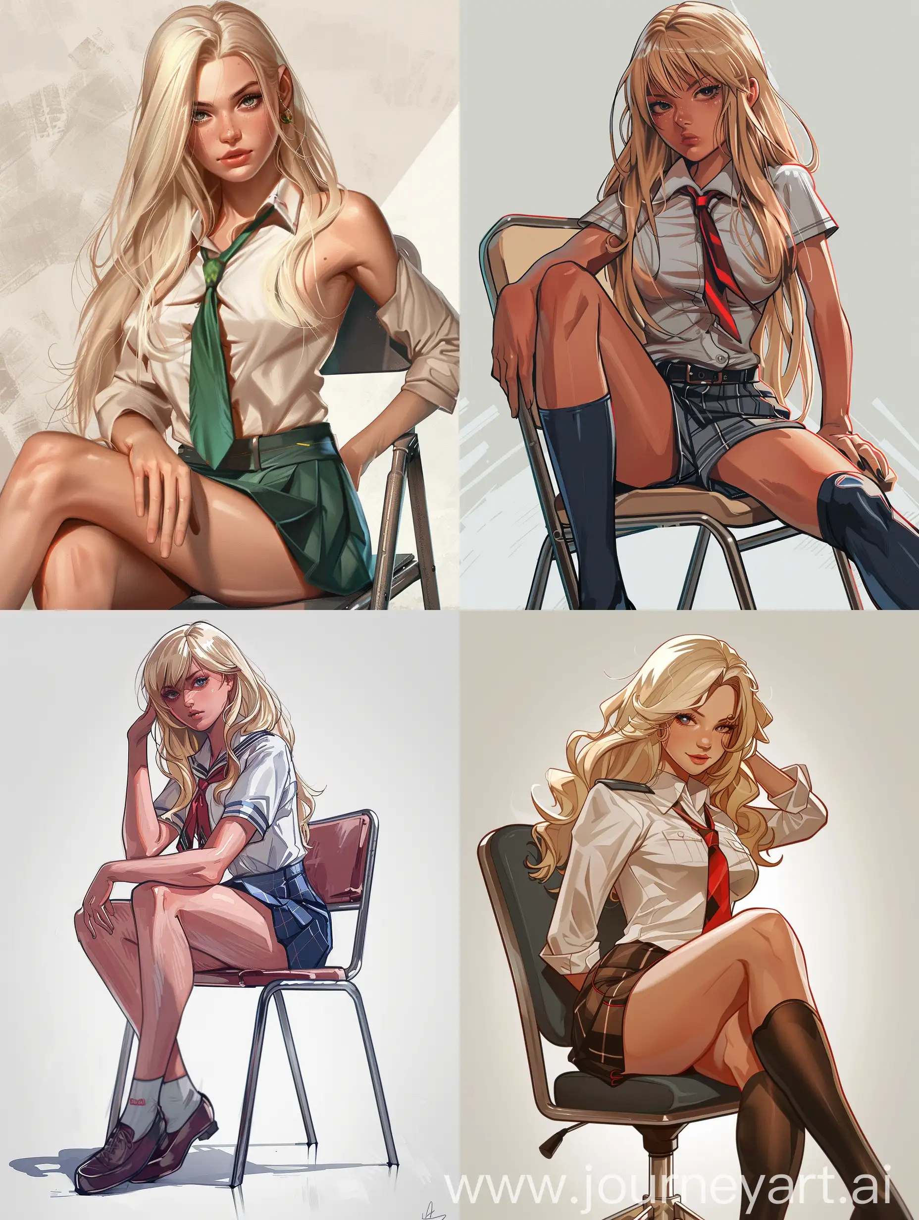 Digital art of a blonde girl , 22 years old, school uniform, sitting on chair,  gta style,  The image features clean and bold line art with dynamic line weight for depth. Dramatic cel shading and soft shading highlight her heroic pose and dynamic action. Vibrant colors with blending techniques ensure smooth transitions. Volumetric lighting adds depth, with highlights and reflections emphasizing her expressive eyes and glossy hair. Subtle textures add realism, and the composition follows the rule of thirds for balanced framing. The artwork is a full shot, meant for a 4K resolution wallpaper