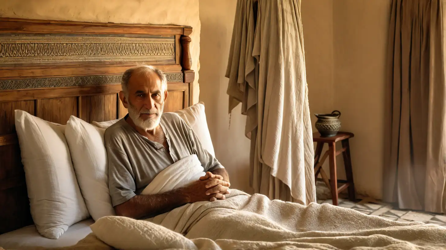 a very old Israeli man in bed. A 40 year old man is standing beside him listening to him. During the Biblical era of Moses