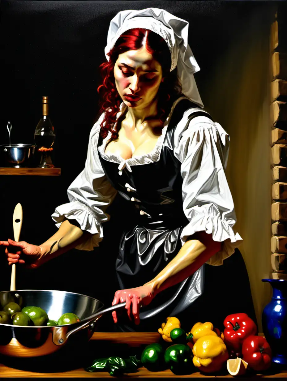 (an expressive painting:1.3), (large strokes style), palette knife style, (Fabian Perez style:1.3) , " Joachim Wtewael - The kitchen maid " depicted in the (17th century:1.3)