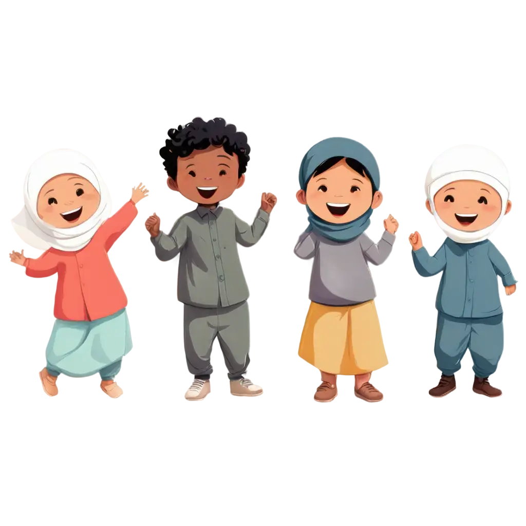 happy muslim kids in sketch style