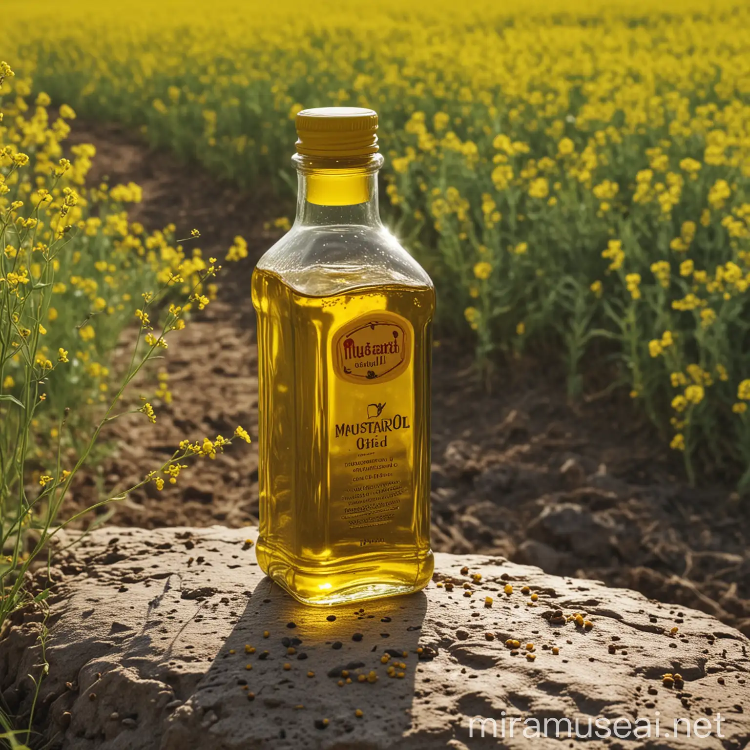 mustard oil mock up in mustard field, very creative . bottle on rock ,cinematic lightening, daylight, 8k