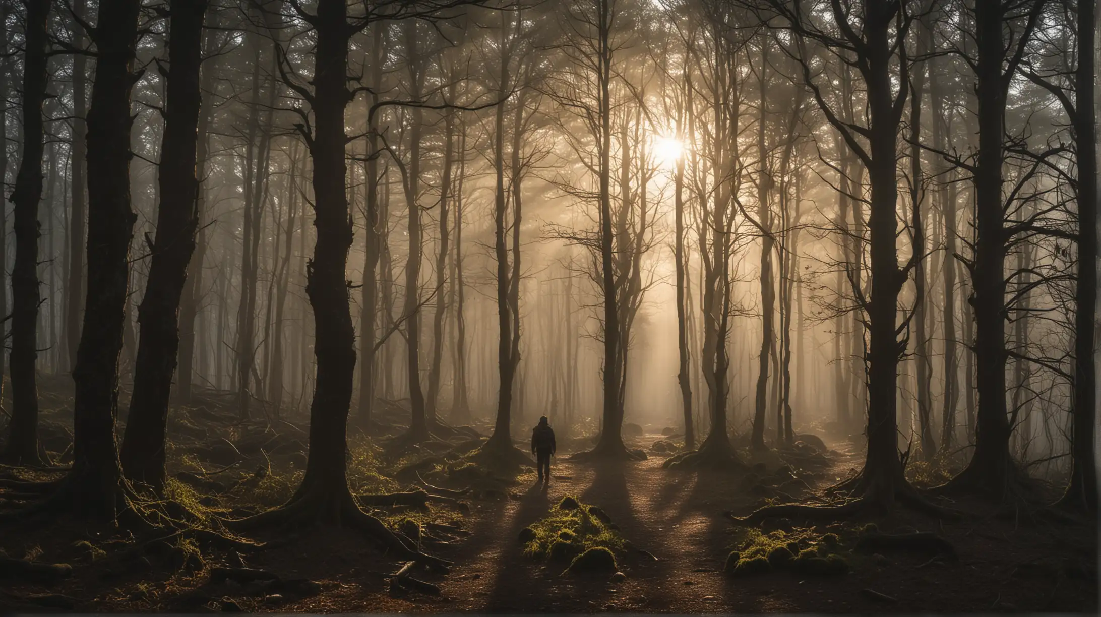 A seasoned hiker stands at the edge of a dense, dark forest as the sun sets, casting long shadows through the trees. The forest entrance is shrouded in mist, with twisted trees forming a natural archway. An eerie stillness pervades the scene, and distant, dark shapes hint at the hidden depths of the forest.