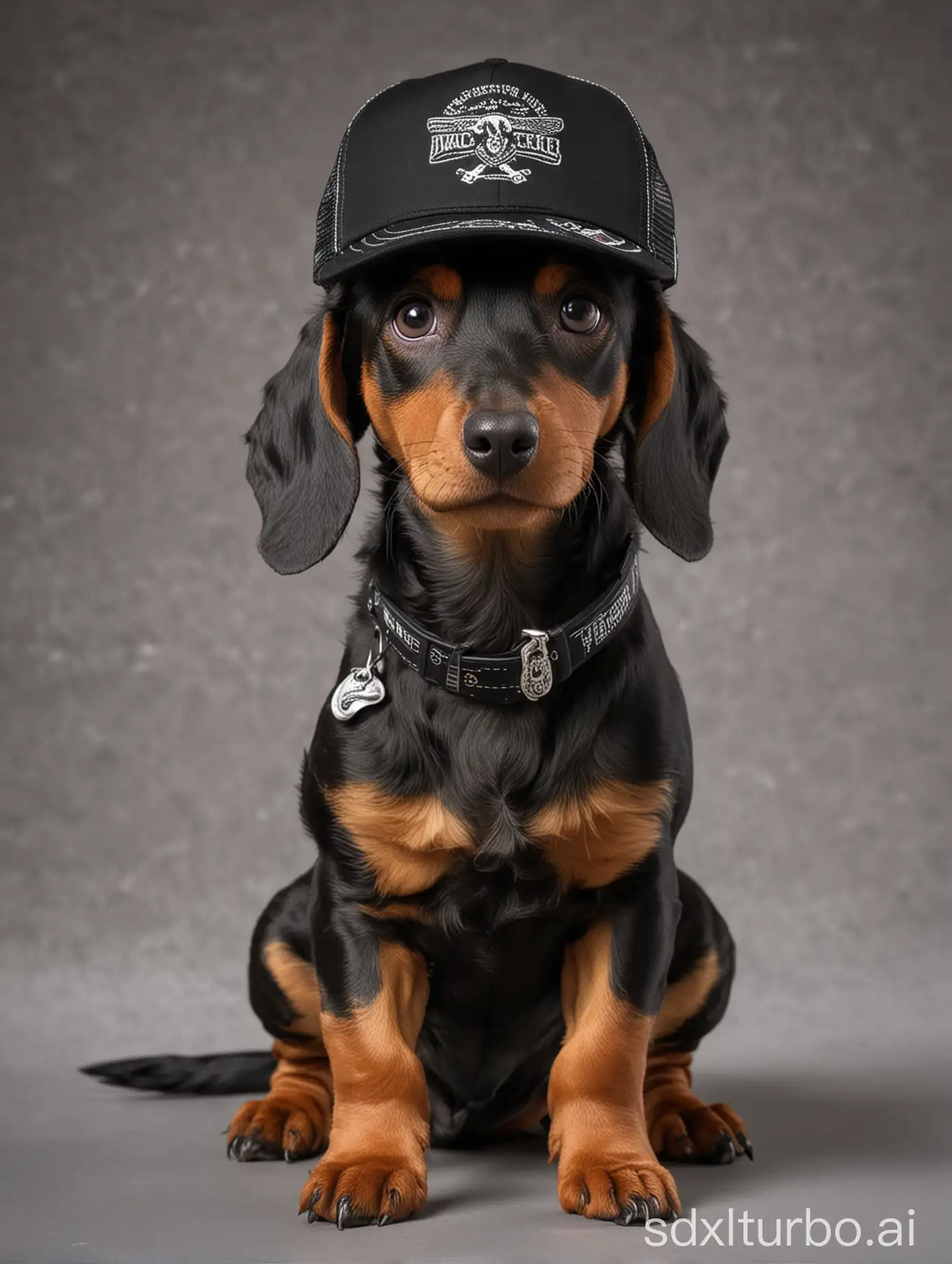 Perro Teckel negro con gorra de trailero 