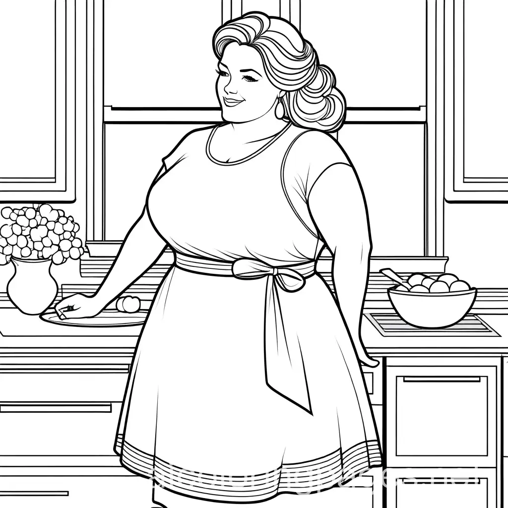 plus size woman housewife, Coloring Page, black and white, line art, white background, Simplicity, Ample White Space