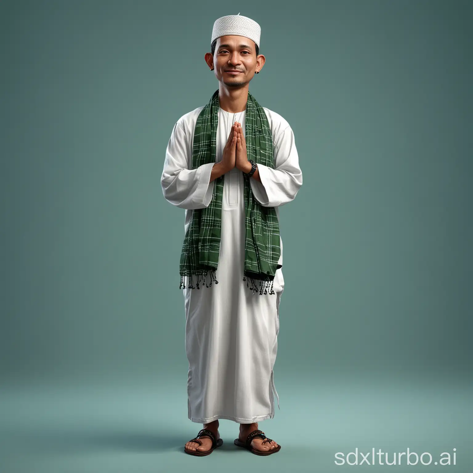 Realistic caricature of a 40 year old Indonesian man, very clean face, wearing white Muslim clothes, wearing a black peci, green checkered sarong, wearing sandals, hands carrying prayer beads, blue background, the image display is very detailed, elegant, very high resolution