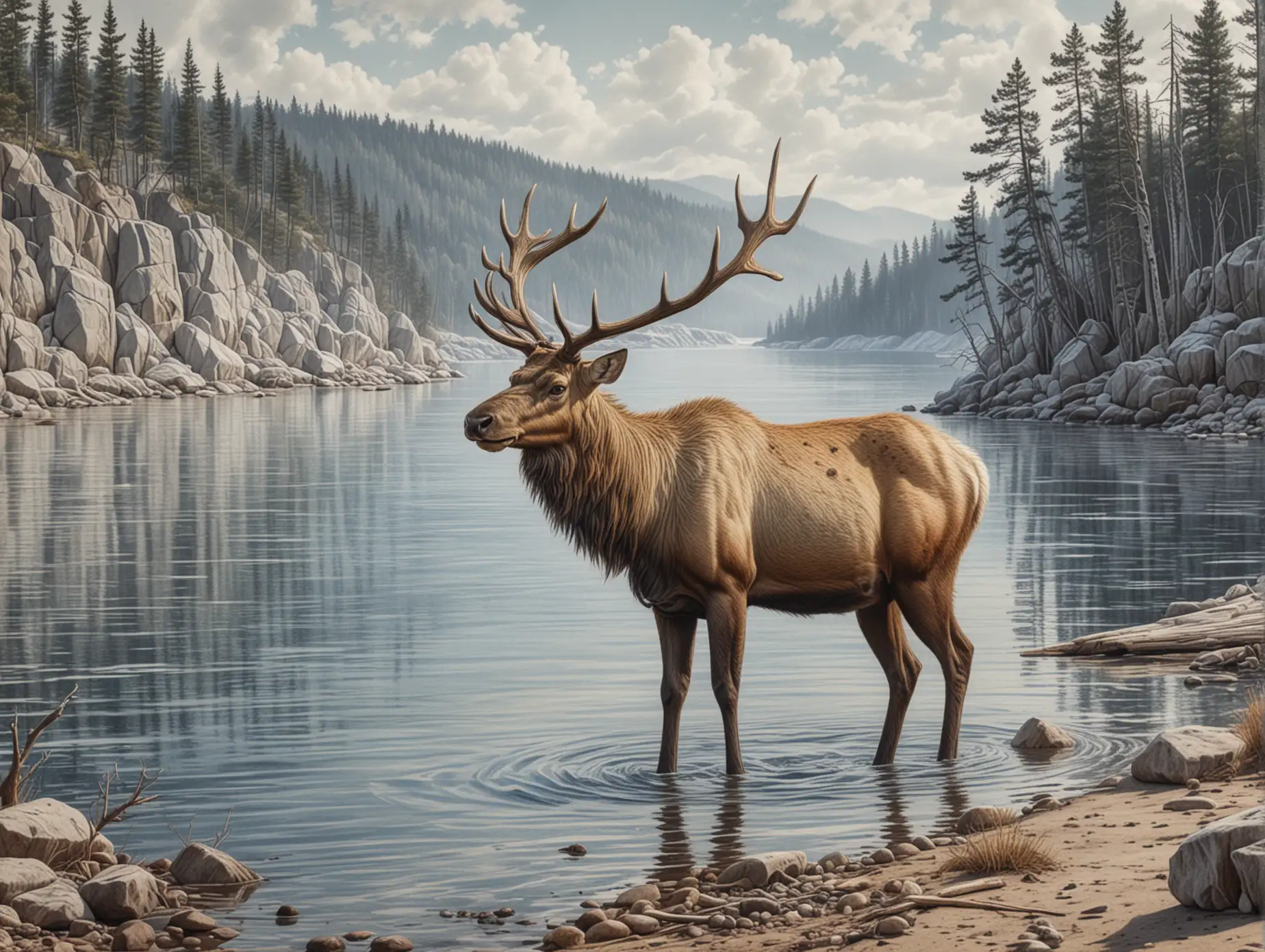 реалистичный рисунок в стиле карандашной графики детализированный олень на берегу озера Байкал