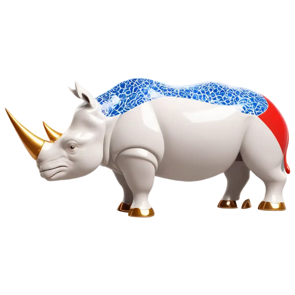 A Rhinoceros made of porcelain with white and blue and red and gold. Hot vs cold, unreal engine 5, octane render,  organic forms, complex patterns, Hyper realistic, hyper detailed, CGI, high detail, octane render, cinematic, concept art, dramatic, epic lighting, foreground, background, --ar 9:16