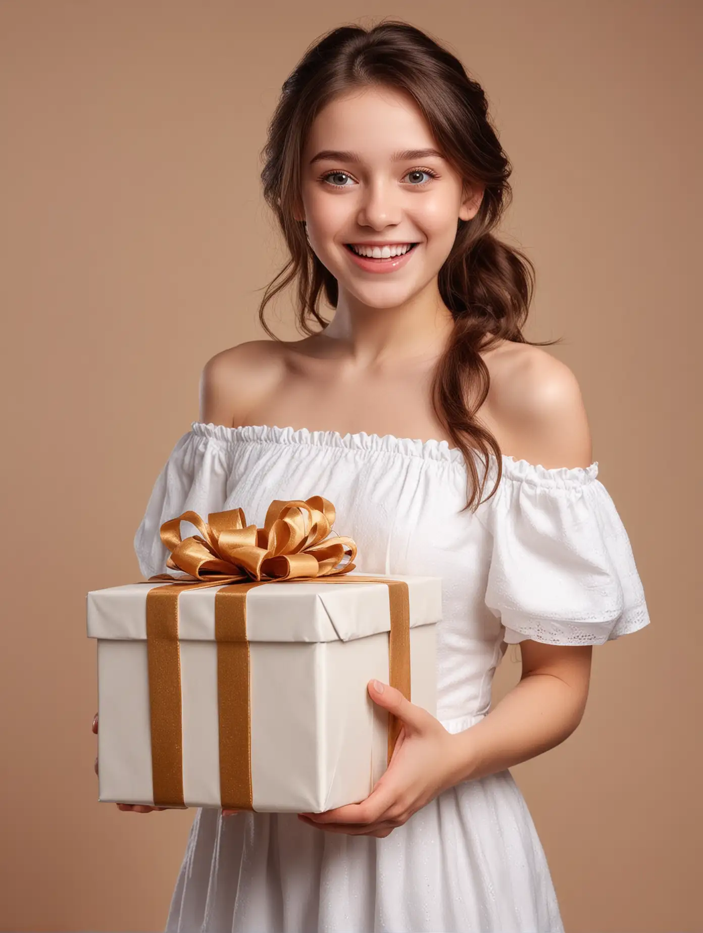 Happy Girl Holding Big Gift in Elegant White Dress High Definition Photo