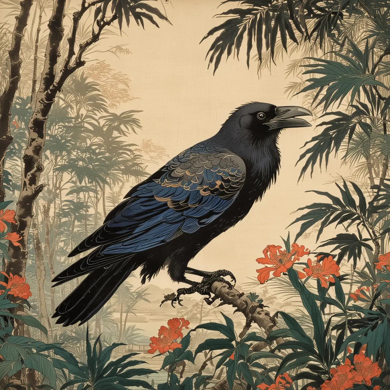 Raven in Tropical Ukiyoe Landscape 19th Century Japanese Woodblock Print