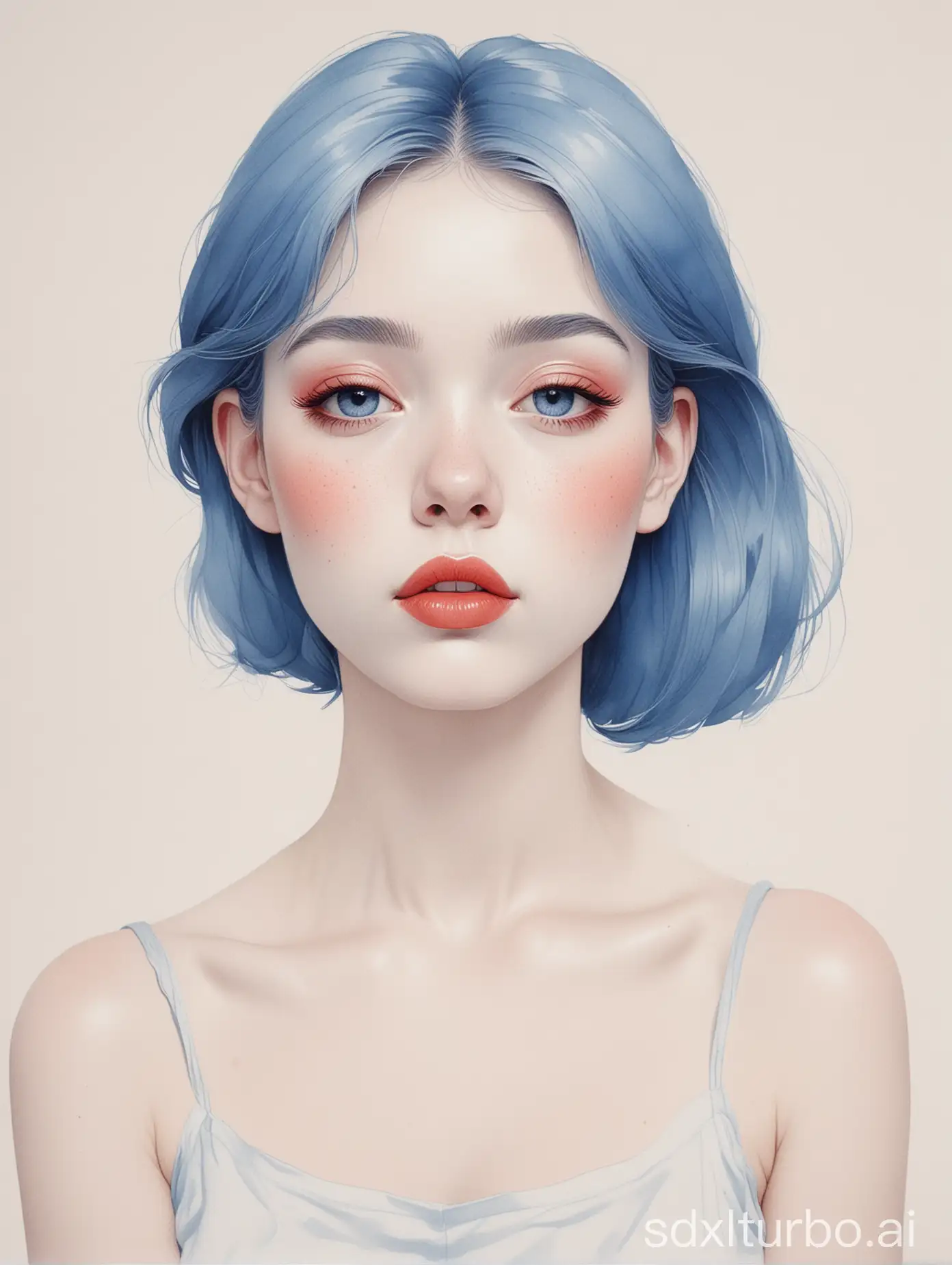 A portrait of a girl with blue characters on a white background, red powder blusher, full body, charming figure illustration, minimalist art, simplified line work, and plane illustration. Outline Portrait. Memphis stvle