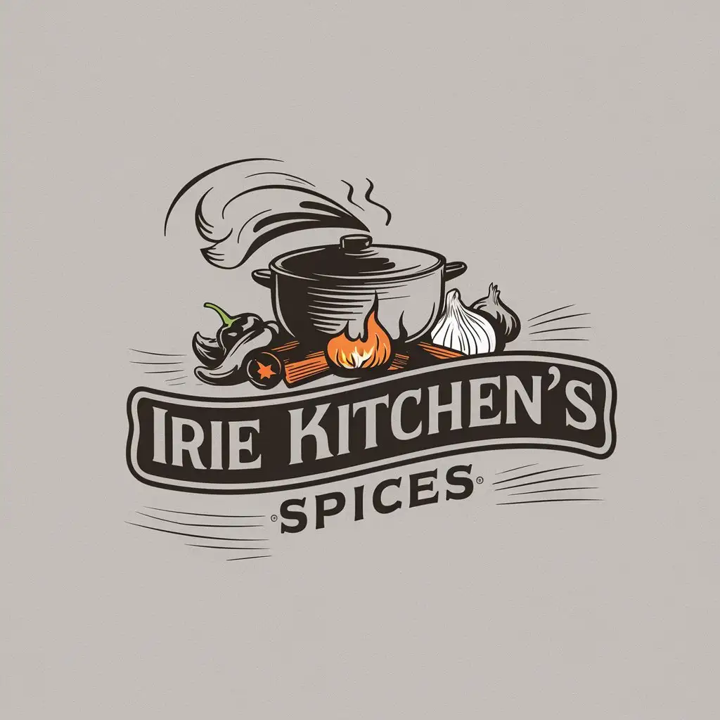 a logo design,with the text "Irie Kitchen's spices", main symbol:create a clean and stunning retro illustration including elements such as hot peppers, onion, garlic, a pot on a wood fire, steam coming from the pot,Moderate,clear background