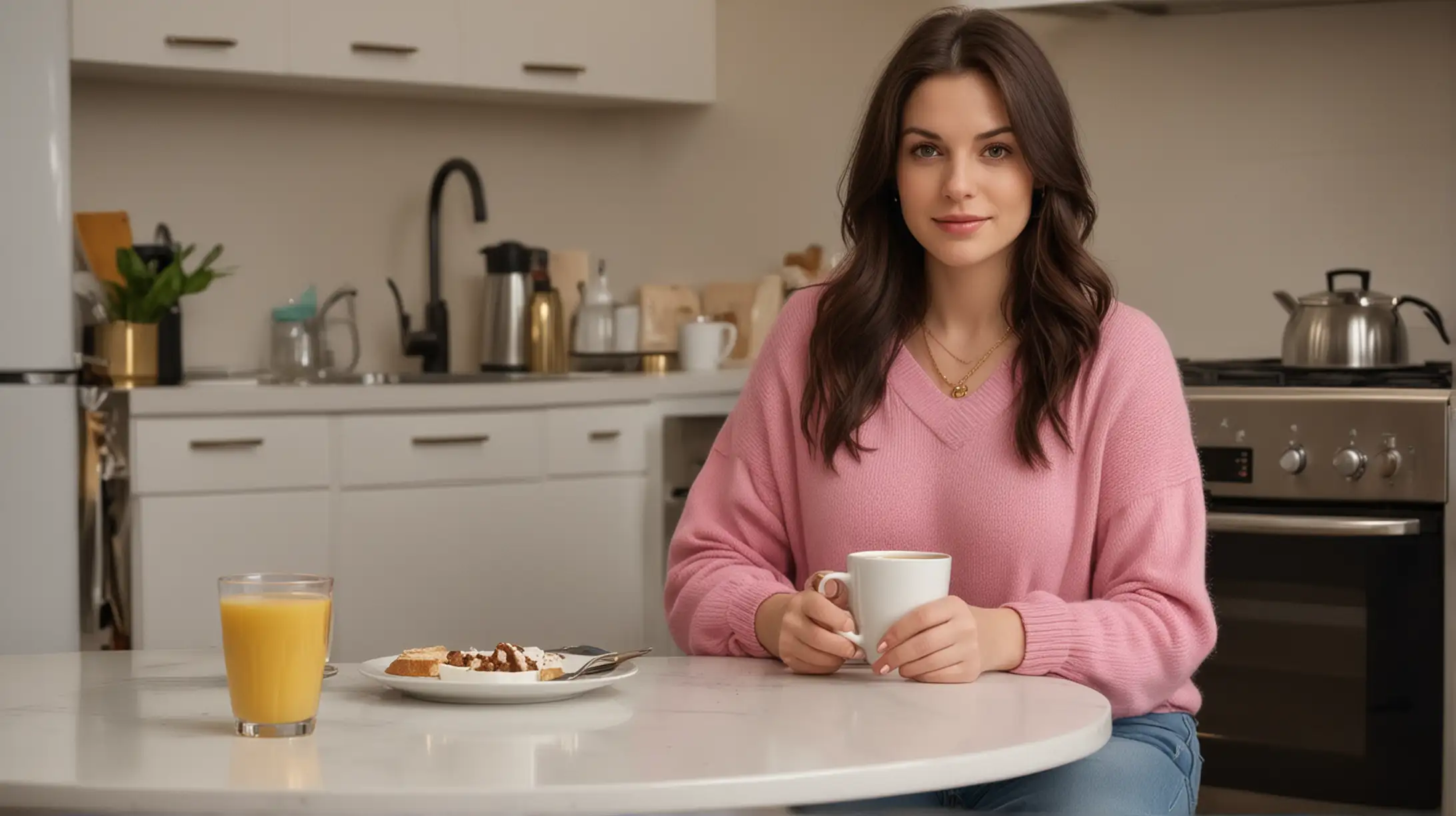 In a modern kitchen at night, 30 year old pale white woman with long dark brown hair parted to the right sitting on a chair, wearing a pink sweater, blue jeans, gold necklace. There is one mug of hot tea on the kitchen table.