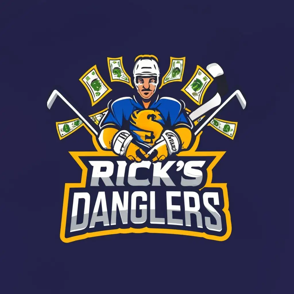 a logo design,with the text "Rick's Danglers", main symbol:hockey player with a hockey stick and cash money,Moderate,be used in Sports Fitness industry,clear background