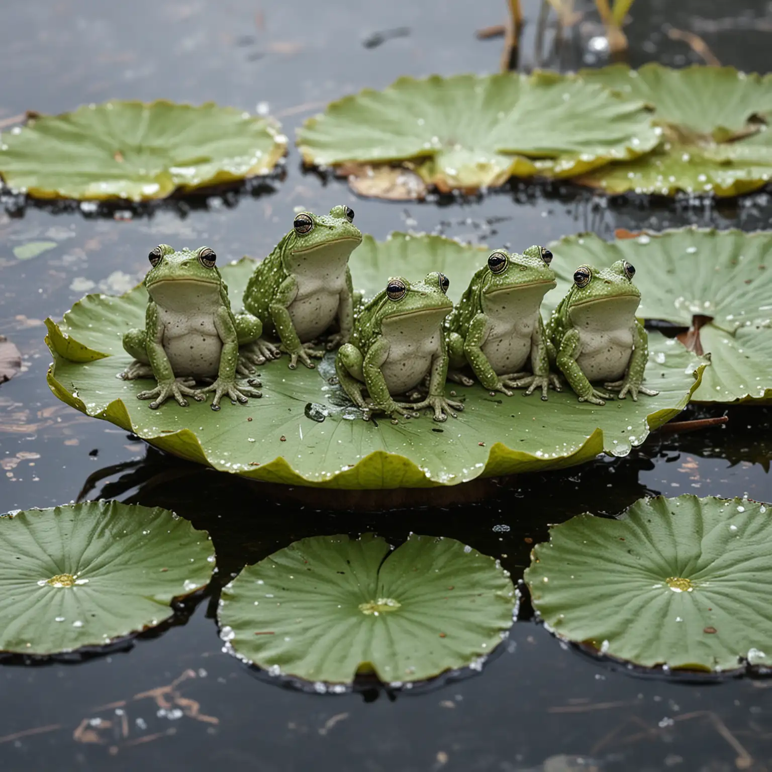 five little speckled frogs sitting on lily pads on a pond with a frost behind them