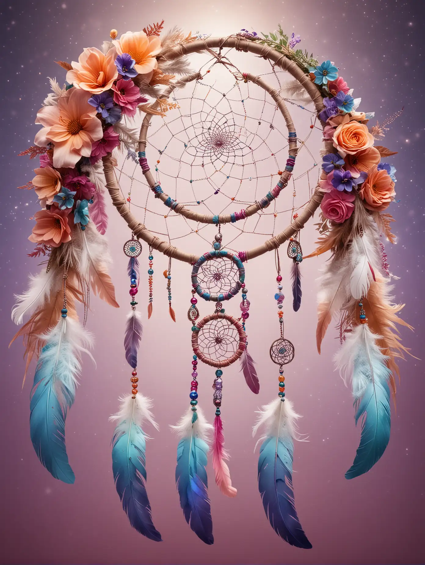A captivating mystical scene featuring a beautiful dreamcatcher in the center, adorned with feathers and beads. Surrounding the dreamcatcher in delicate, shimmering, iridescent colors. is a lush, floral element with vibrant multicolored flowers, their petals gently swaying in the breeze. 
 evoking a sense of enchantment and wonder. no background 