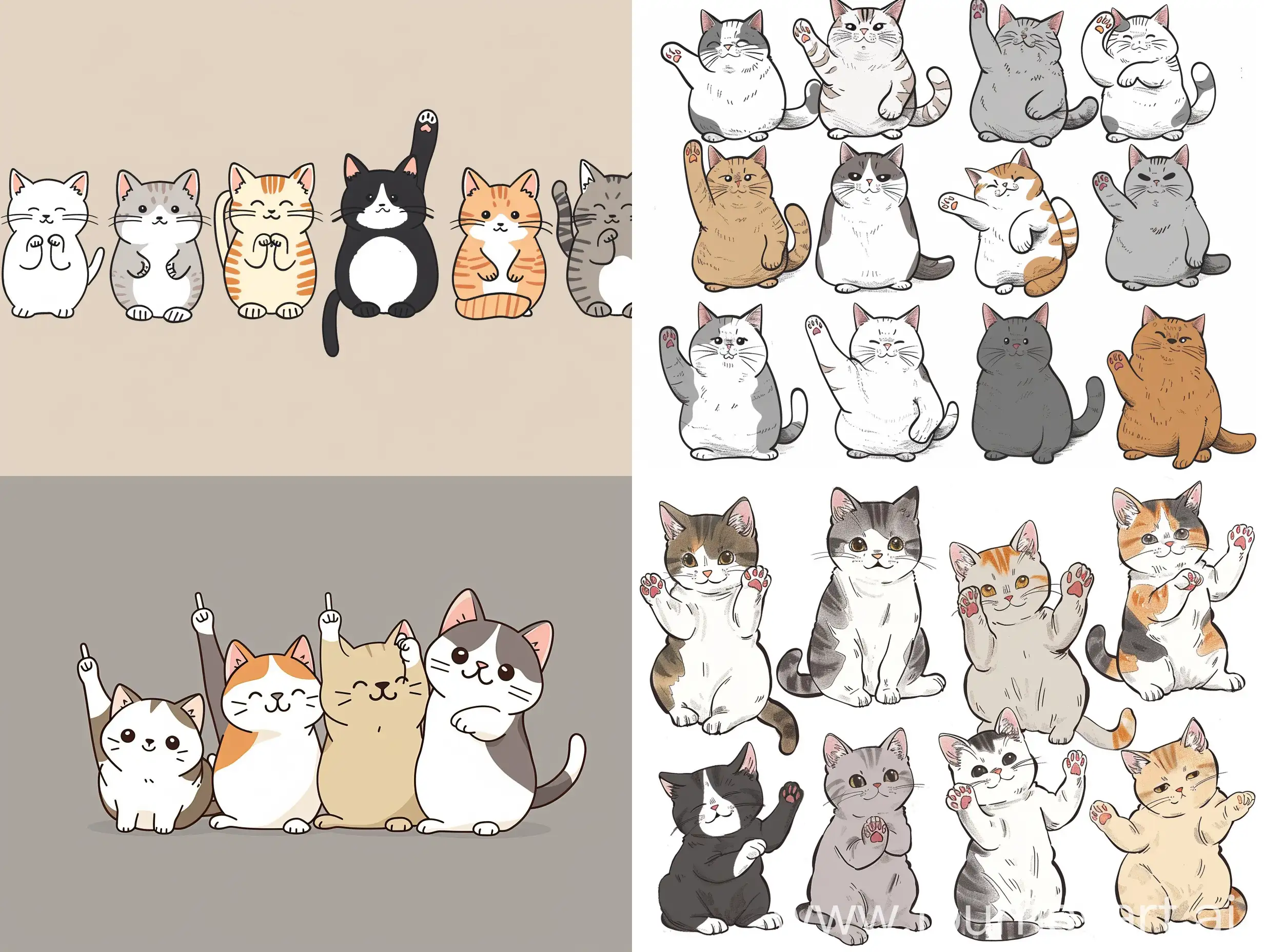 illustration of cute cats, japan style, doodle style, wallpaper, kittens of different styles look in the same direction and point their fingers in the same direction